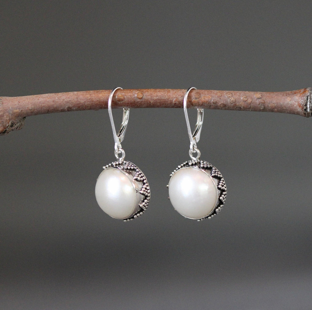 Freshwater Pearl Bezel Charm Earrings in Bali Silver