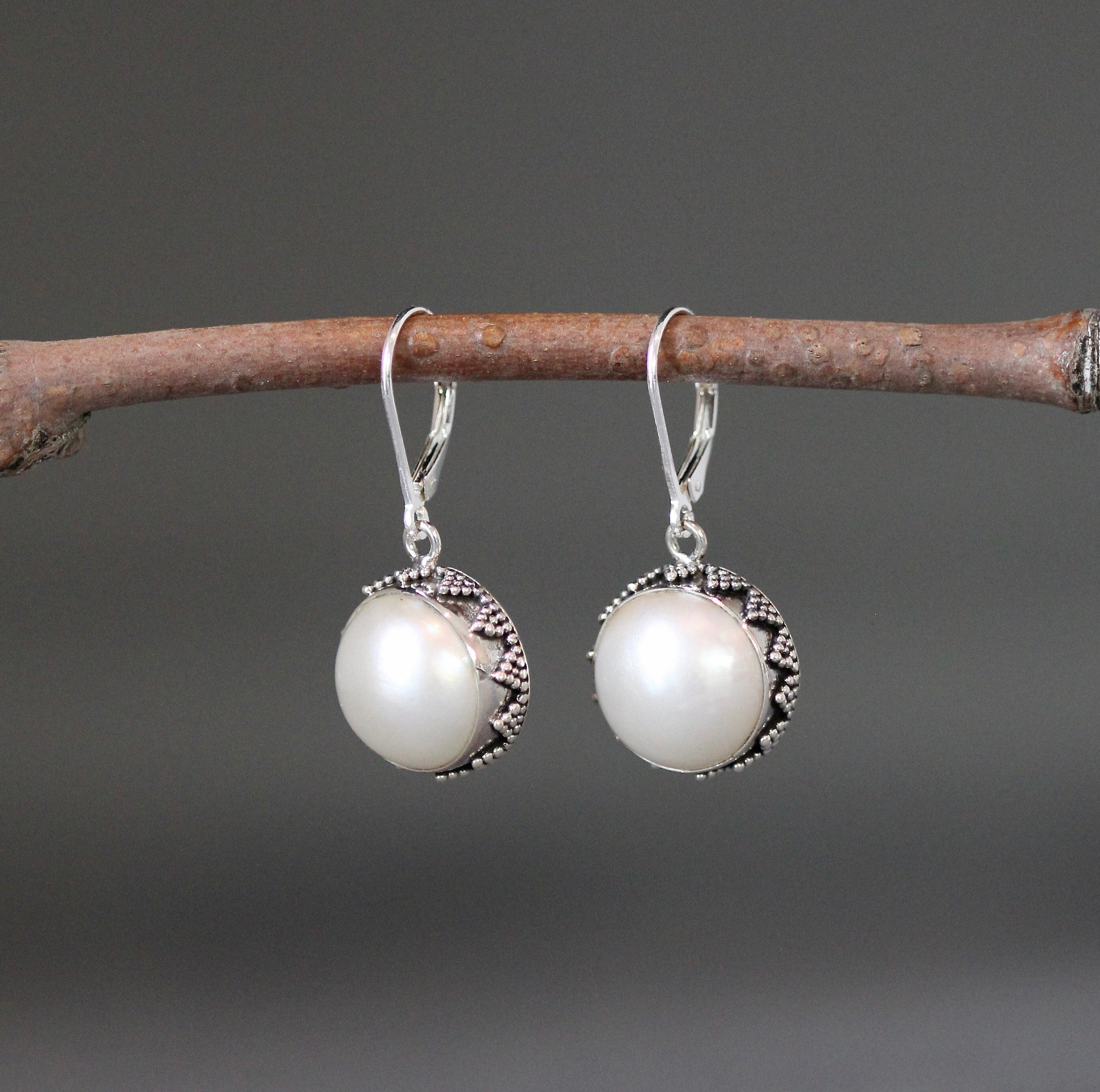 Freshwater Pearl Bezel Charm Earrings in Bali Silver