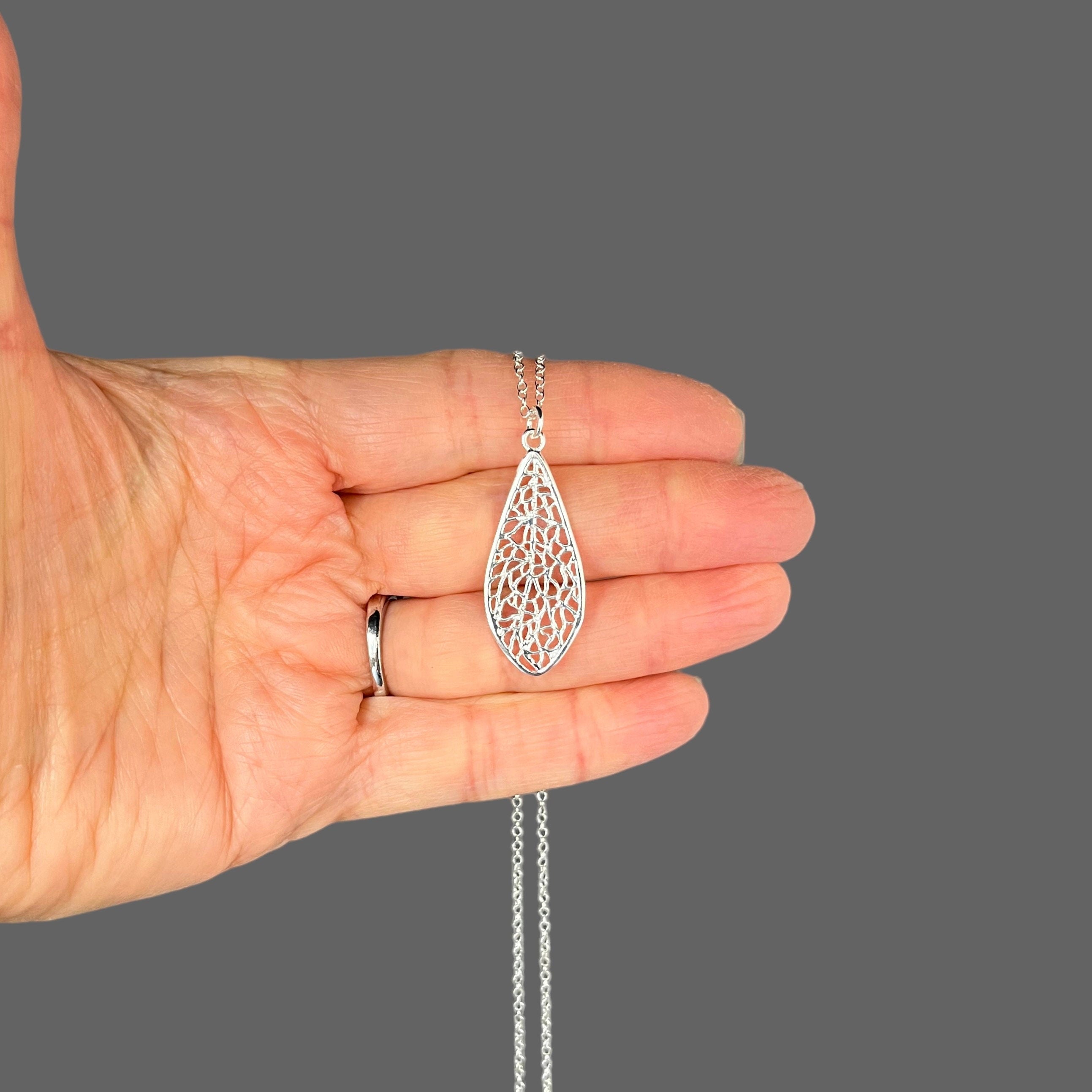 Silver Filigree Teardrop Charm Pendant Necklace