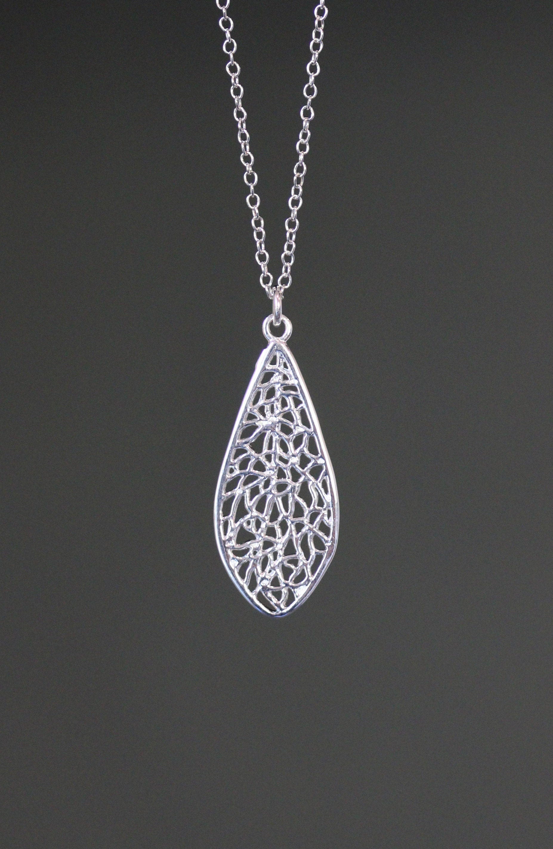 Silver Filigree Teardrop Charm Pendant Necklace