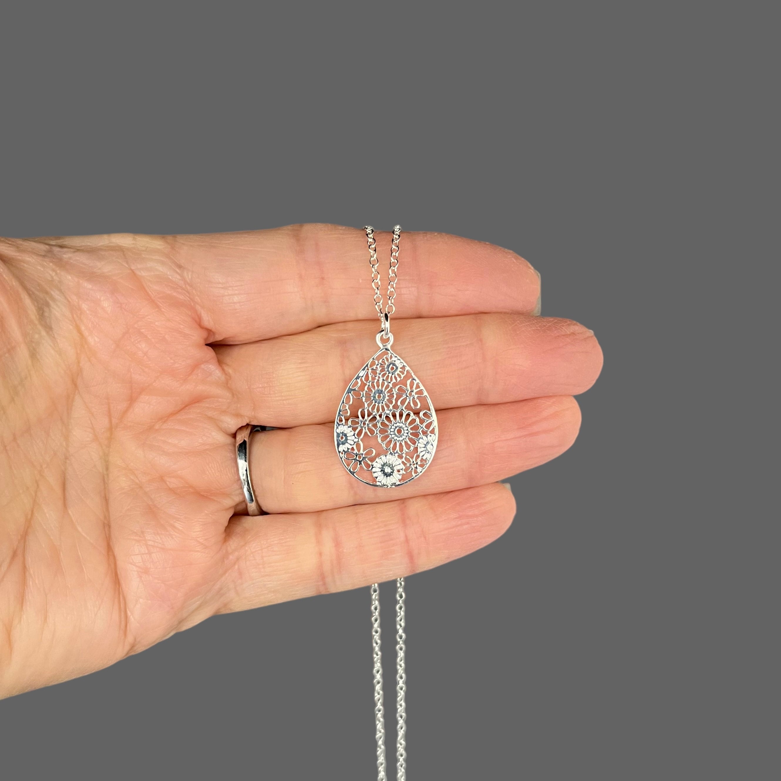 Silver Filigree Flower Charm Necklace on Open Link Chain