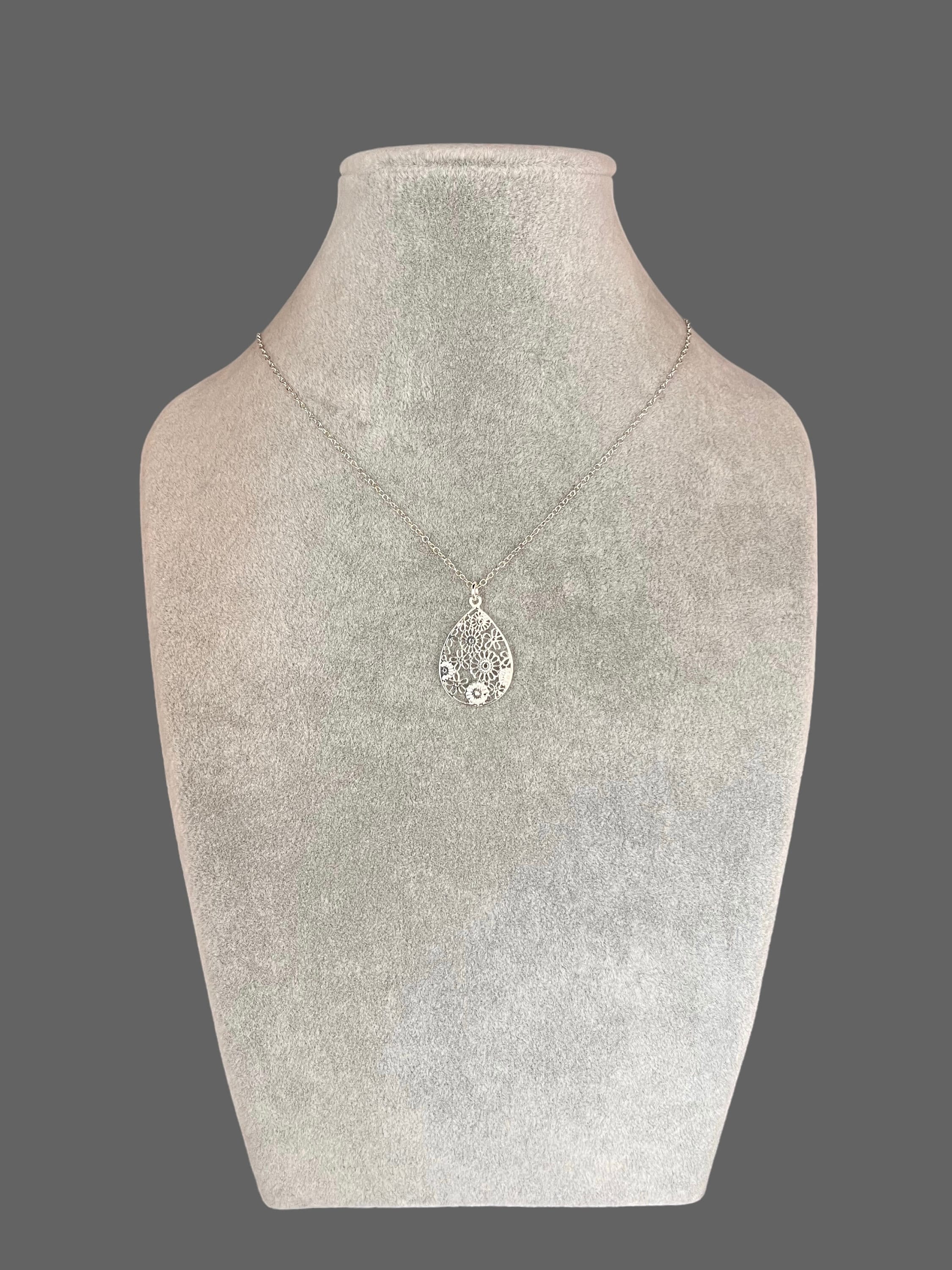 Silver Filigree Flower Charm Necklace on Open Link Chain