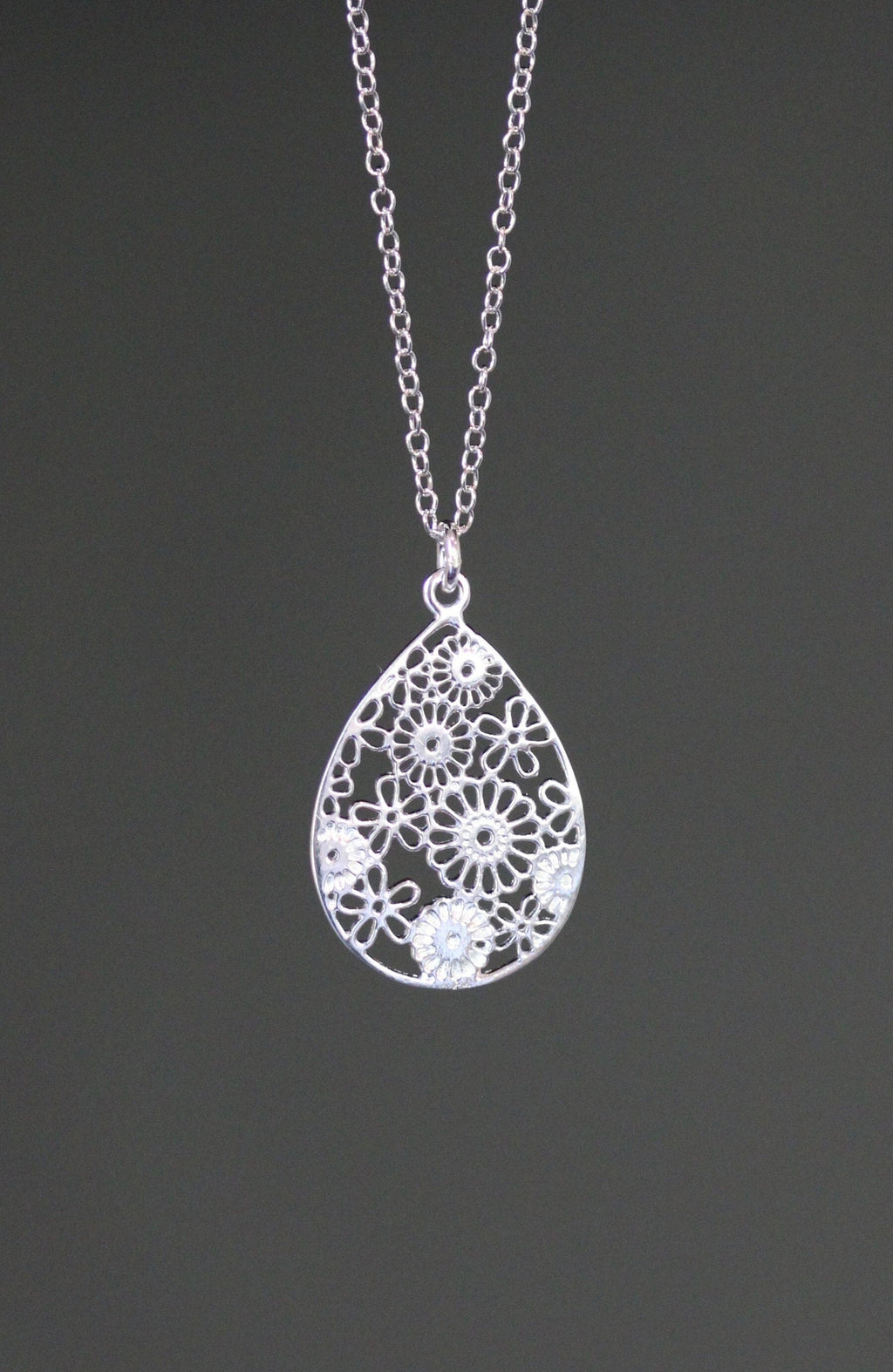 Silver Filigree Flower Charm Necklace on Open Link Chain
