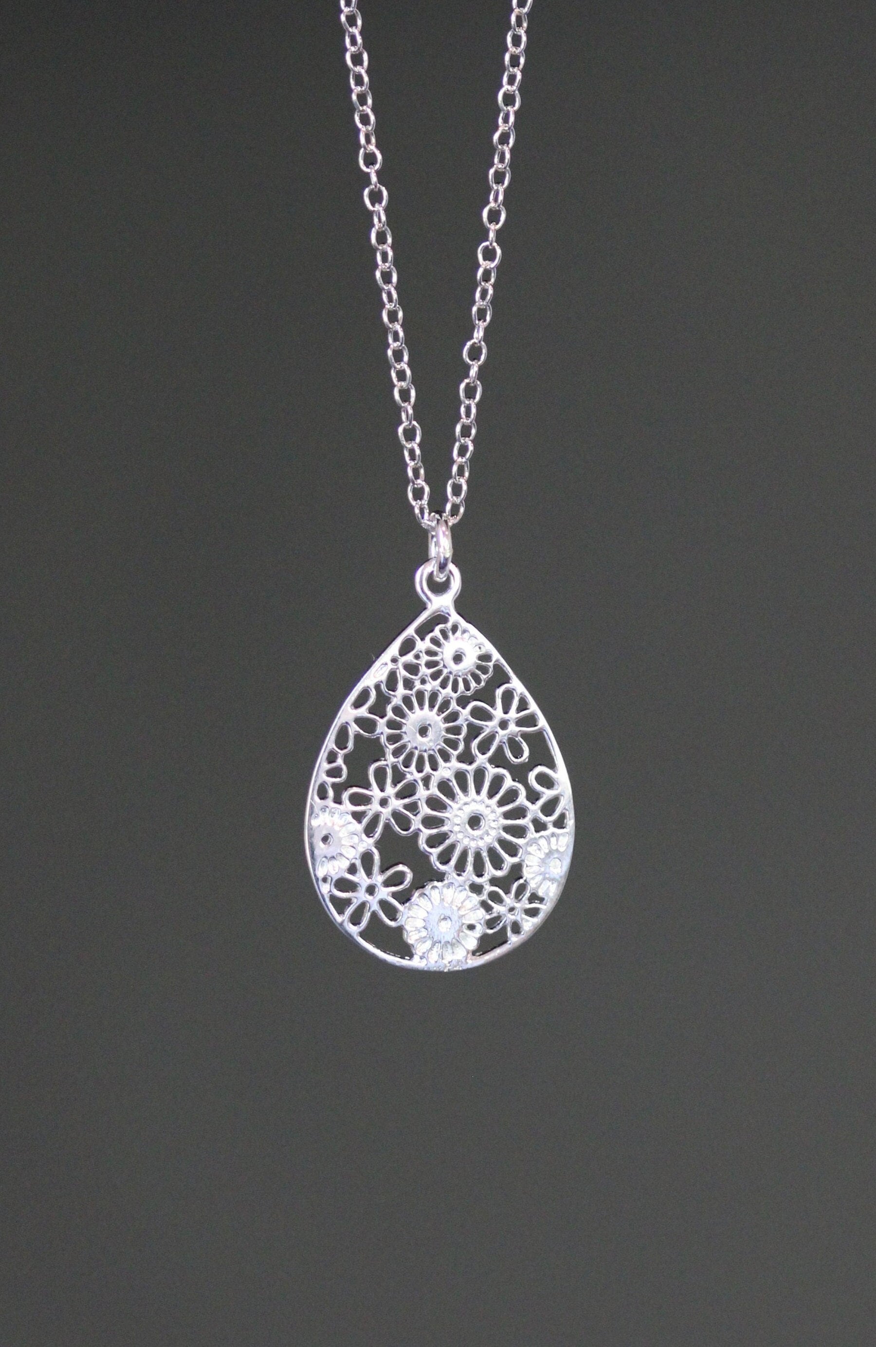 Silver Filigree Flower Charm Necklace on Open Link Chain