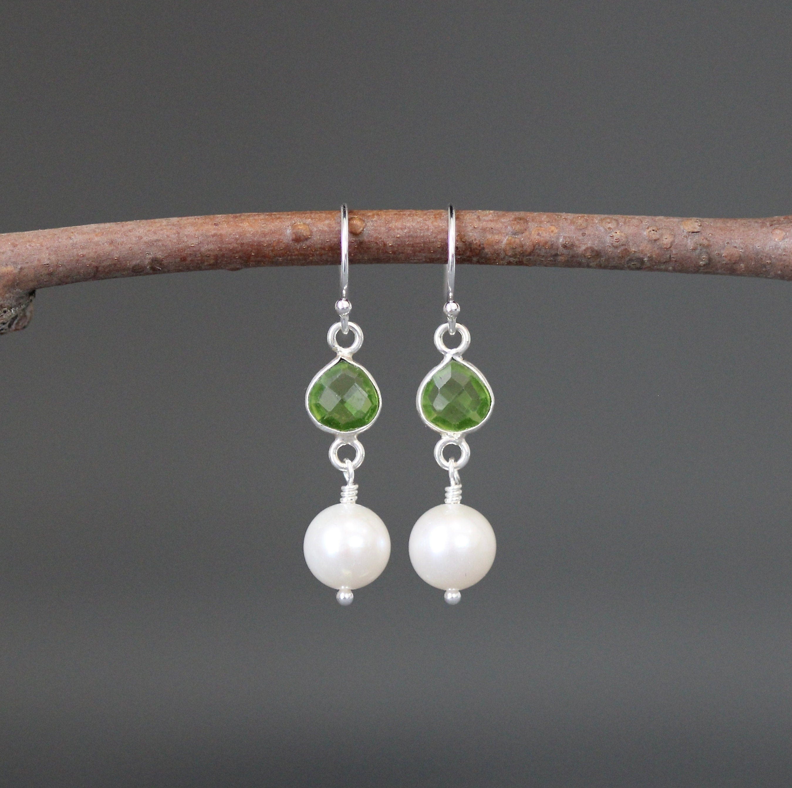 Freshwater Pearl and Peridot Quartz Bezel Dangle Earrings in Sterling Silver