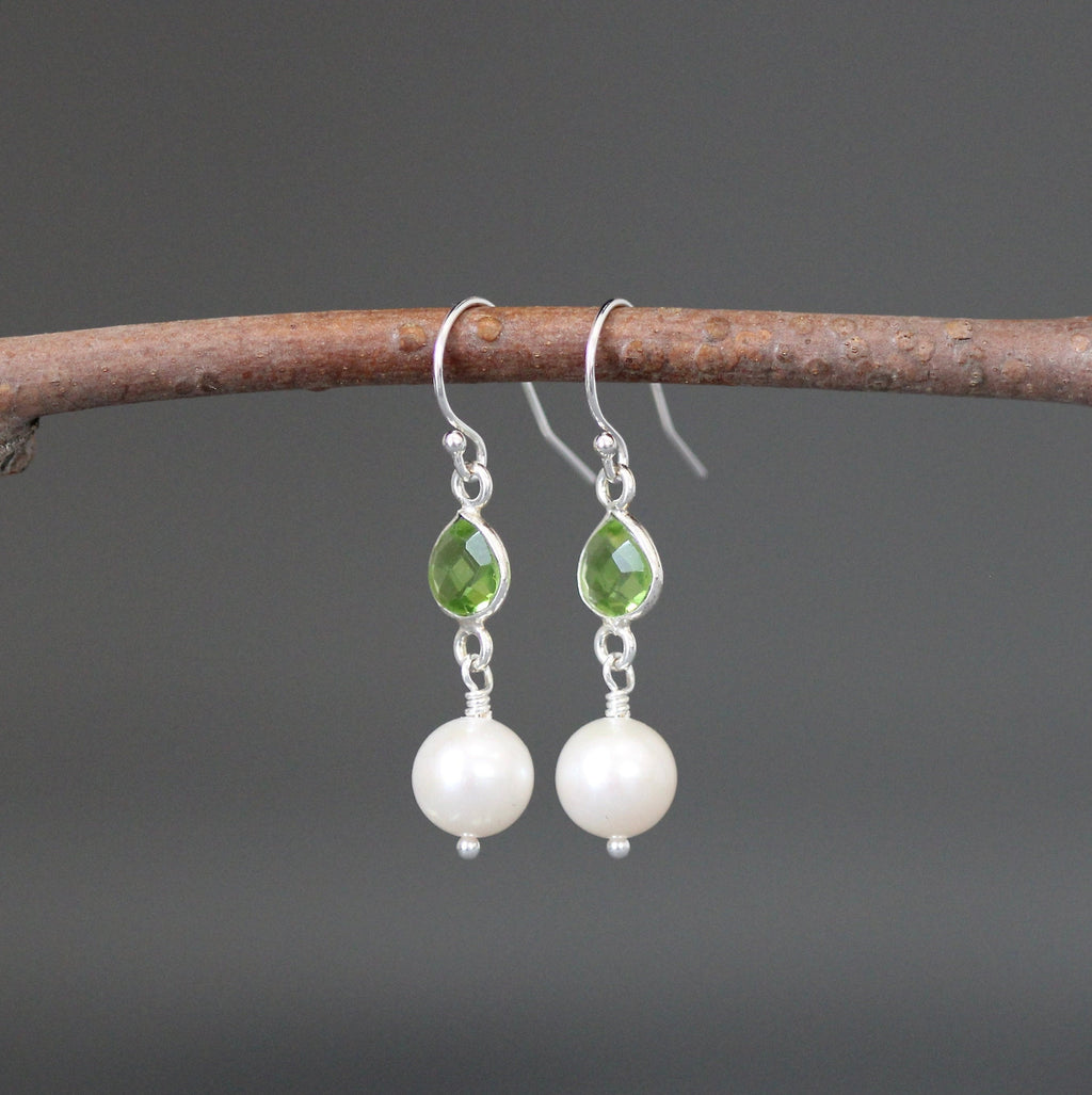 Freshwater Pearl and Peridot Quartz Bezel Dangle Earrings in Sterling Silver