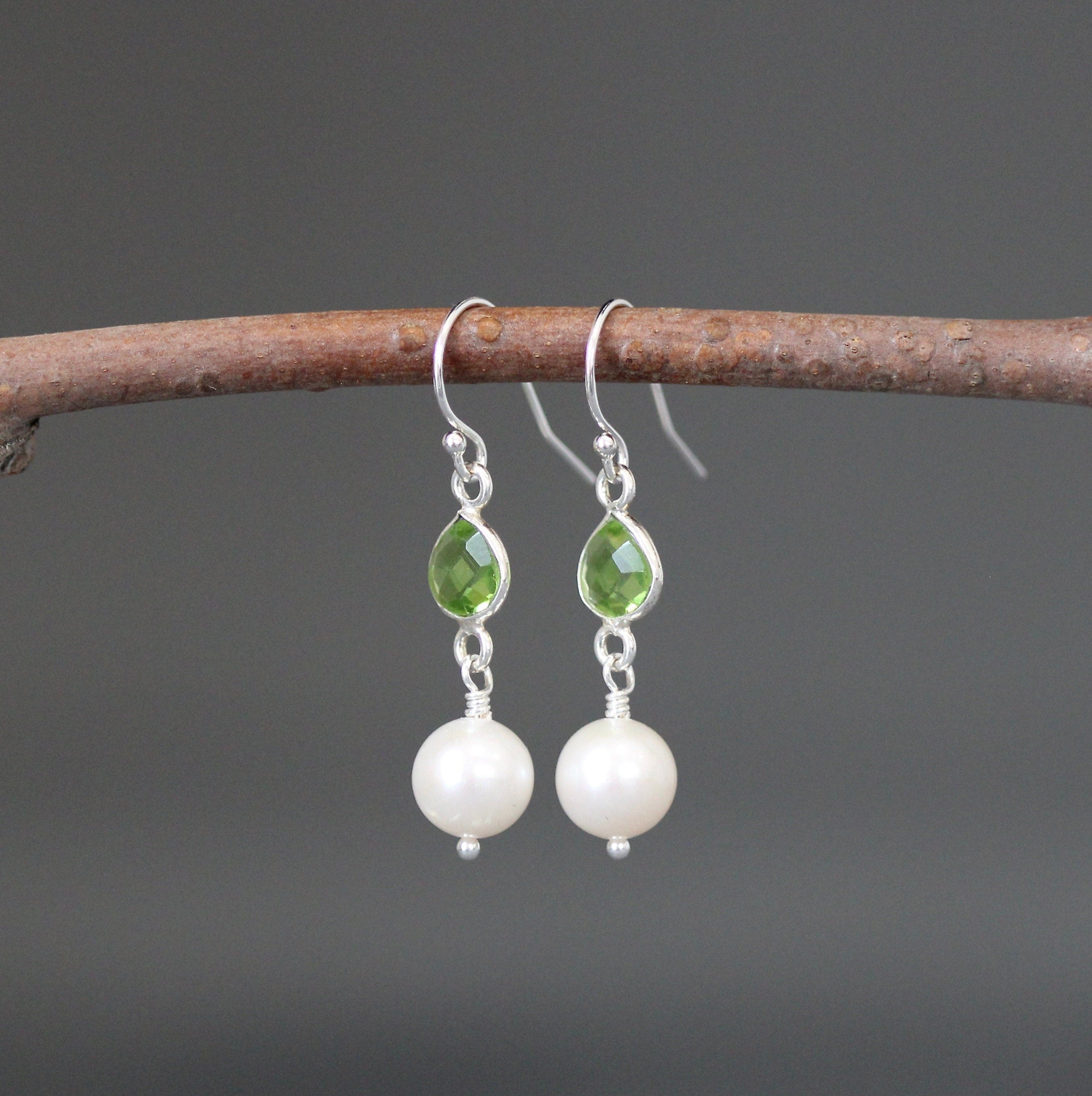 Freshwater Pearl and Peridot Quartz Bezel Dangle Earrings in Sterling Silver