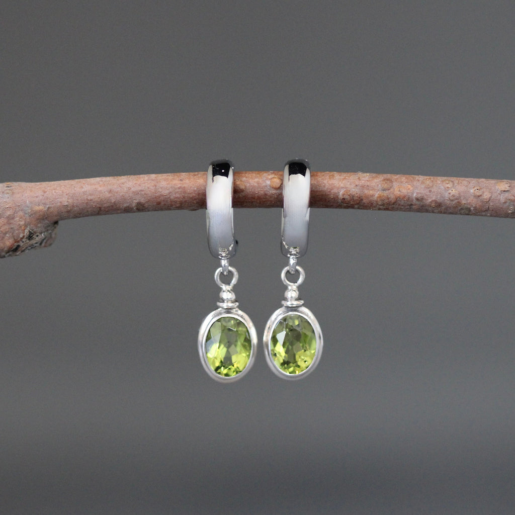 Peridot Bezel Charm Earrings on Sterling Silver Post Hoops