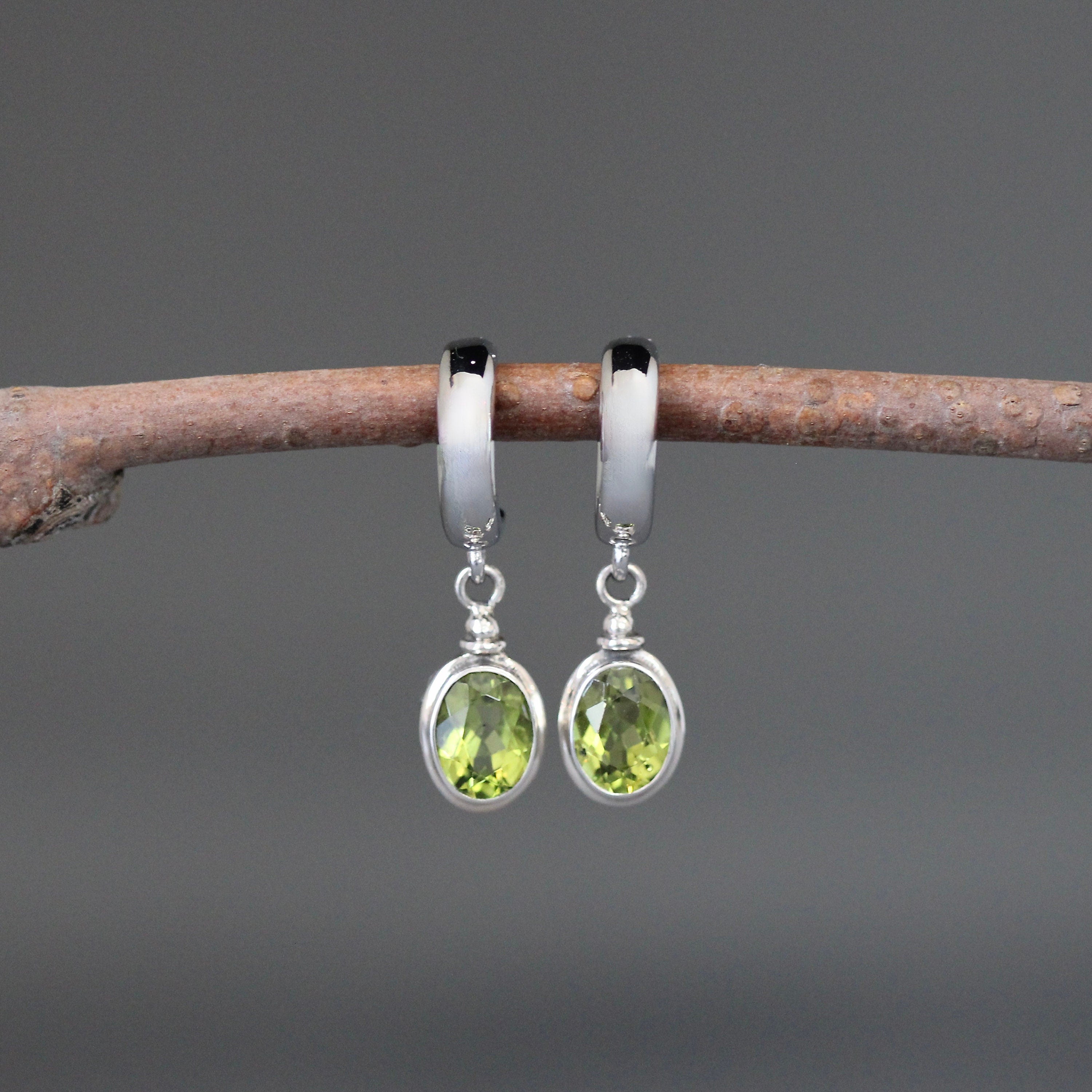 Peridot Bezel Charm Earrings on Sterling Silver Post Hoops