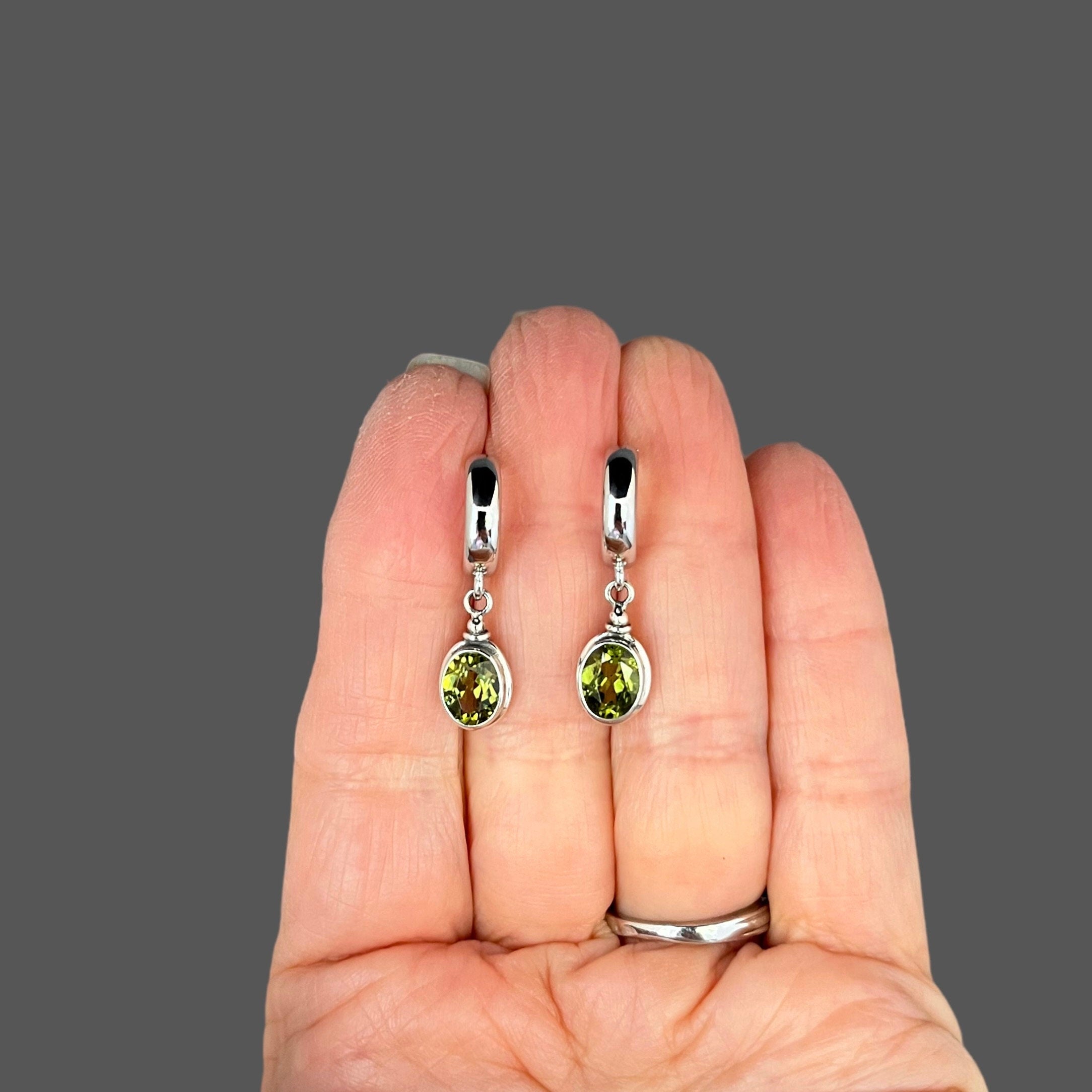 Peridot Bezel Charm Earrings on Sterling Silver Post Hoops