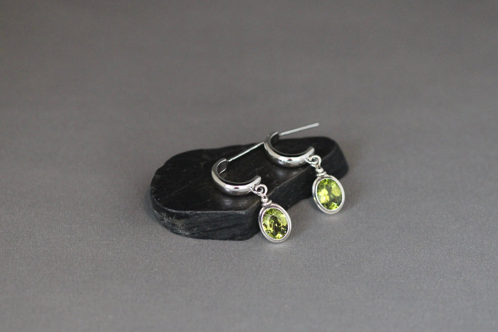 Peridot Bezel Charm Earrings on Sterling Silver Post Hoops