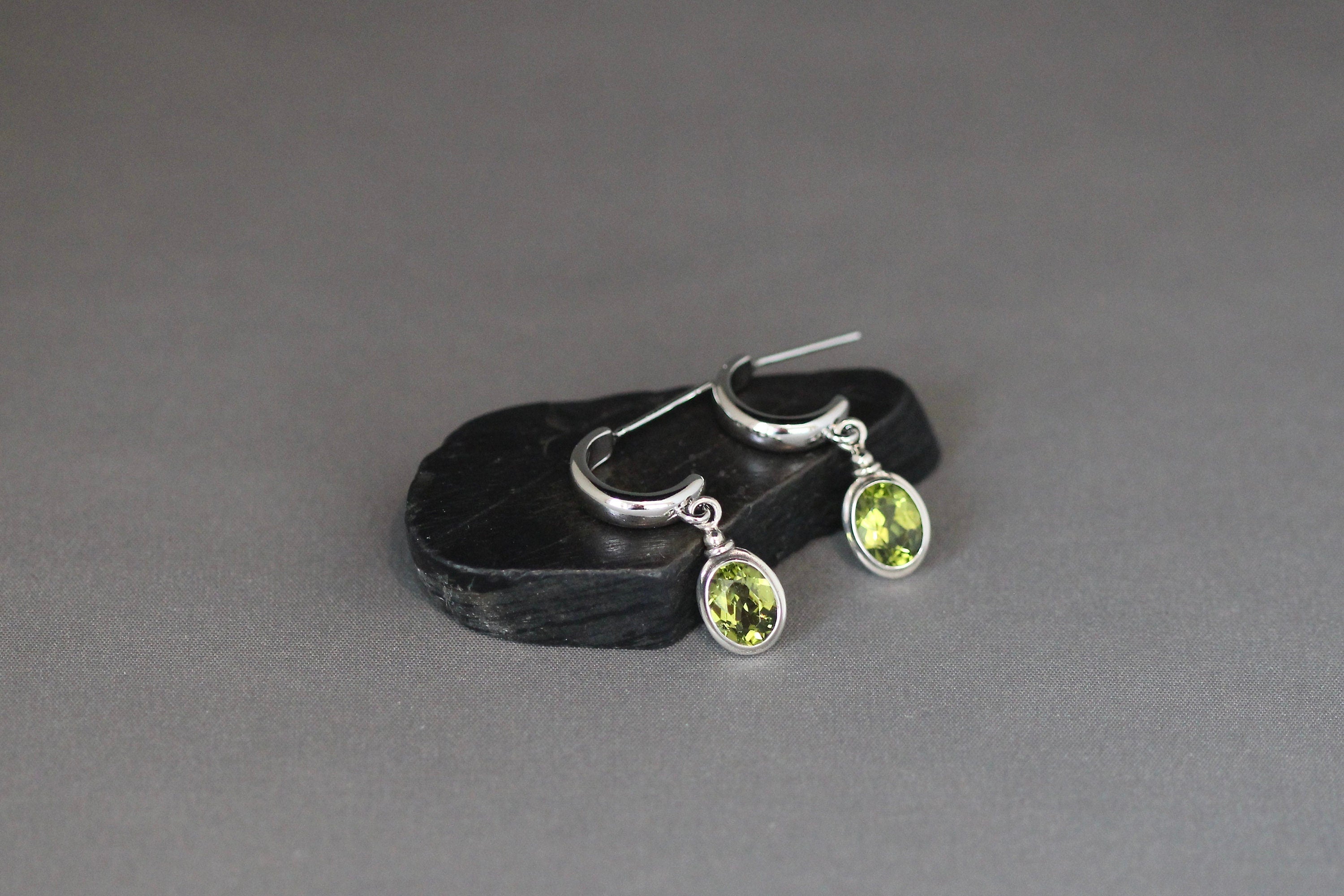 Peridot Bezel Charm Earrings on Sterling Silver Post Hoops