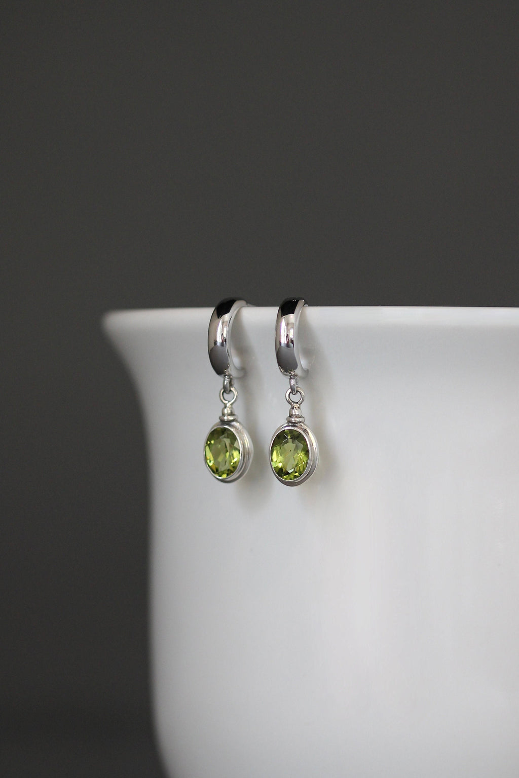 Peridot Bezel Charm Earrings on Sterling Silver Post Hoops