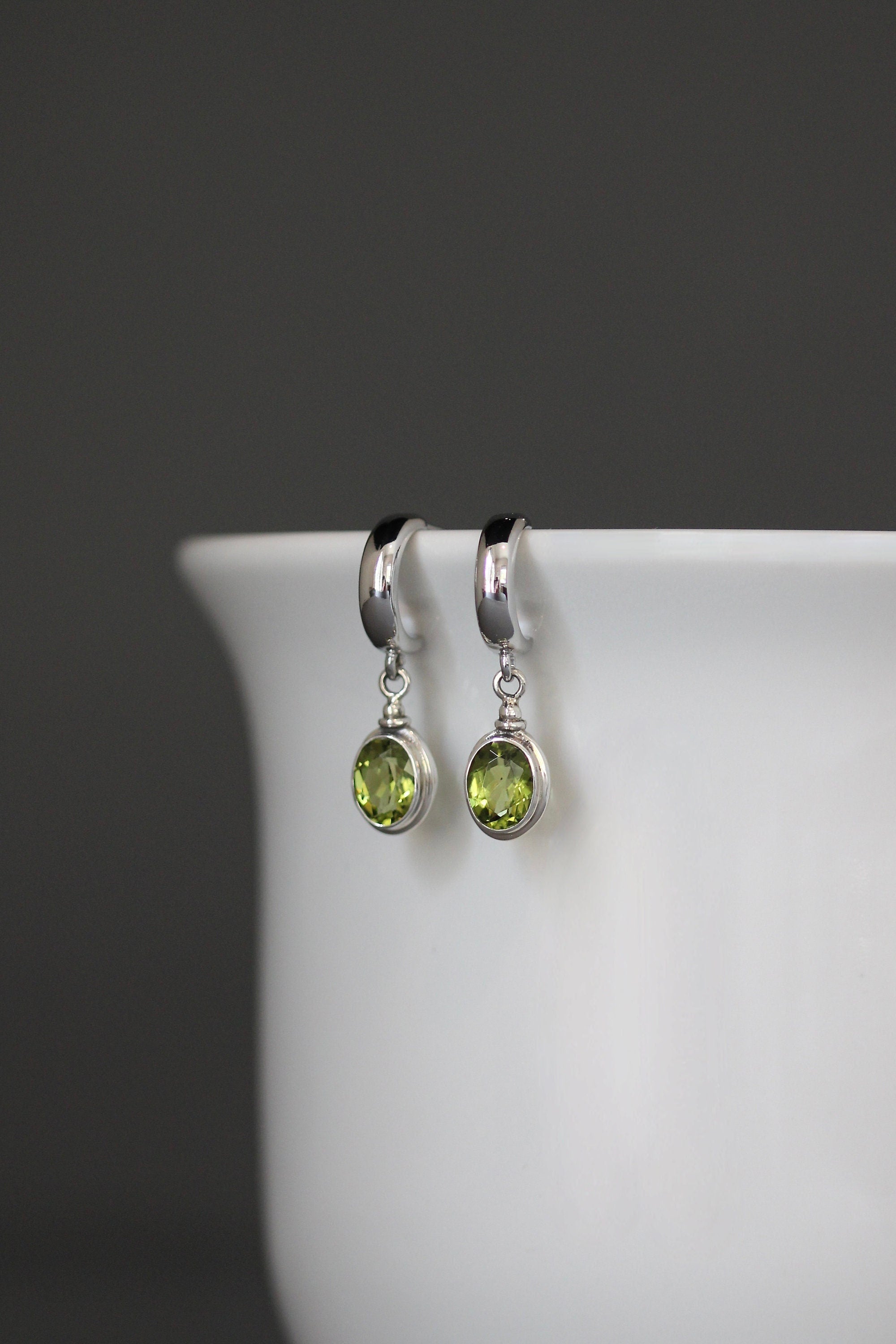 Peridot Bezel Charm Earrings on Sterling Silver Post Hoops