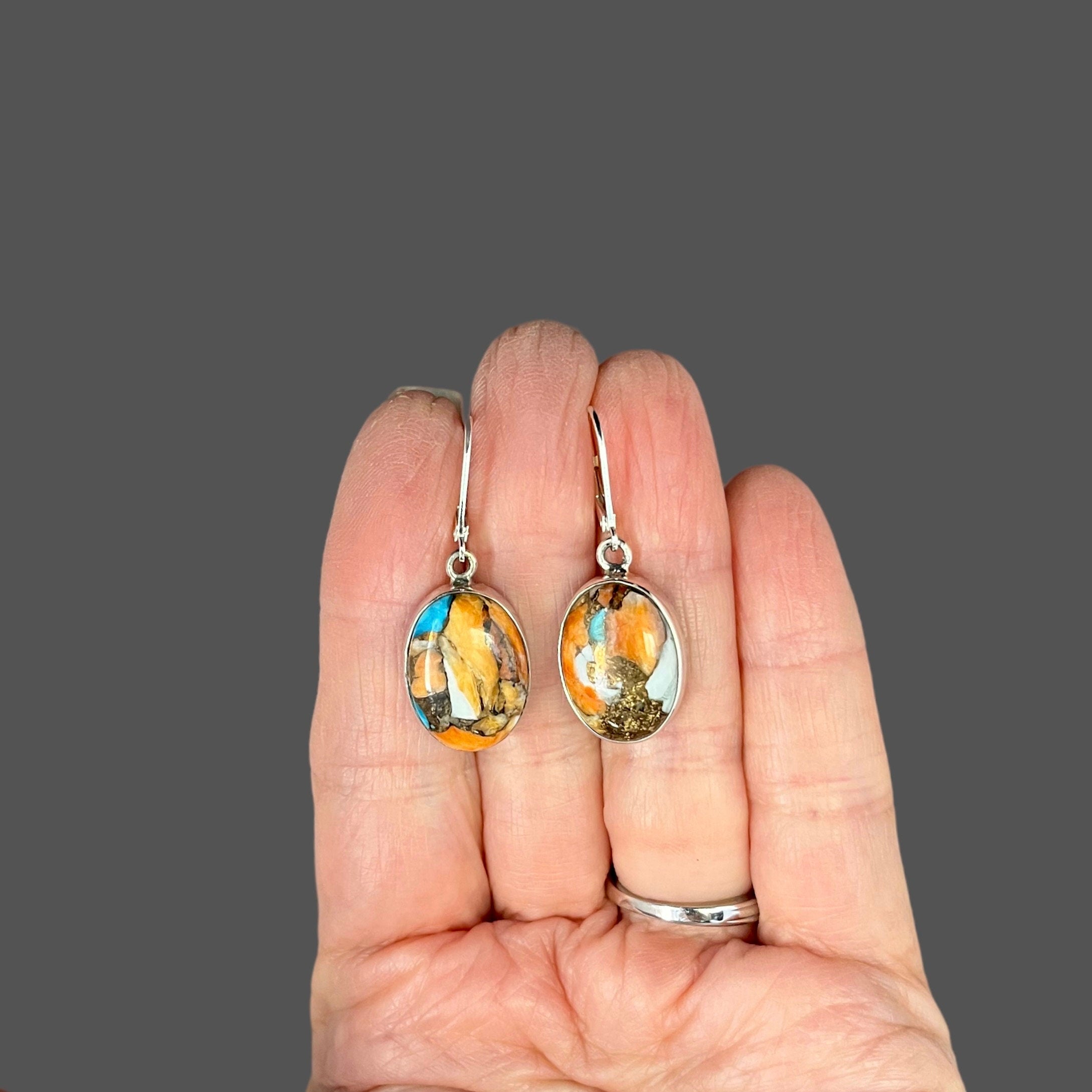 Kingman Copper Turquoise Oval Cabochon Bezel Earrings in Sterling Silver