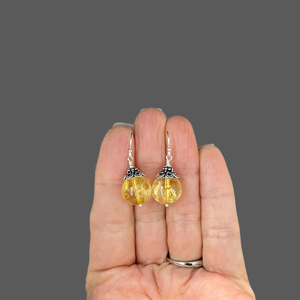 Natural Citrine Round Stone Earrings with Bali Sterling Silver Caps