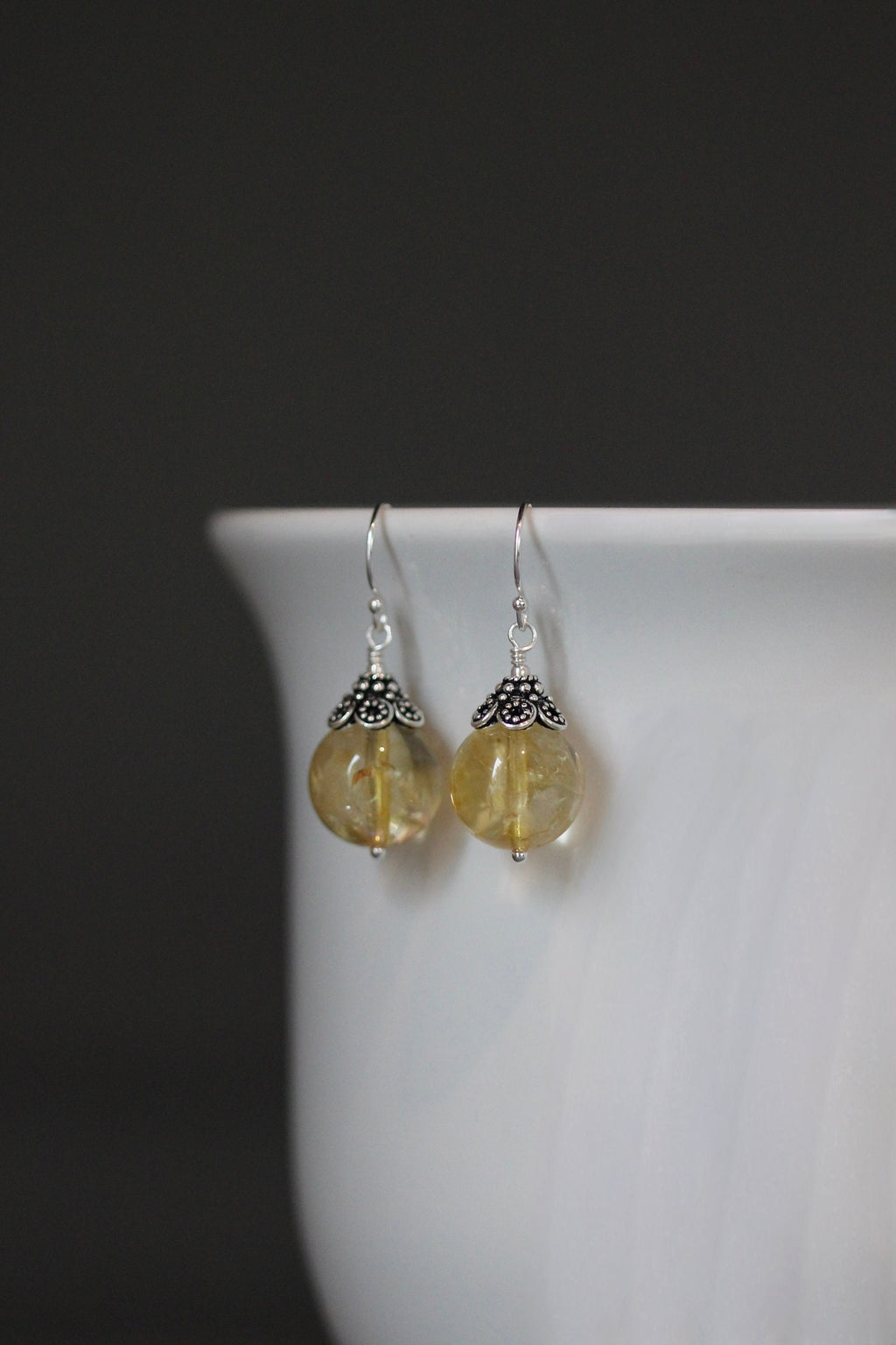 Natural Citrine Round Stone Earrings with Bali Sterling Silver Caps