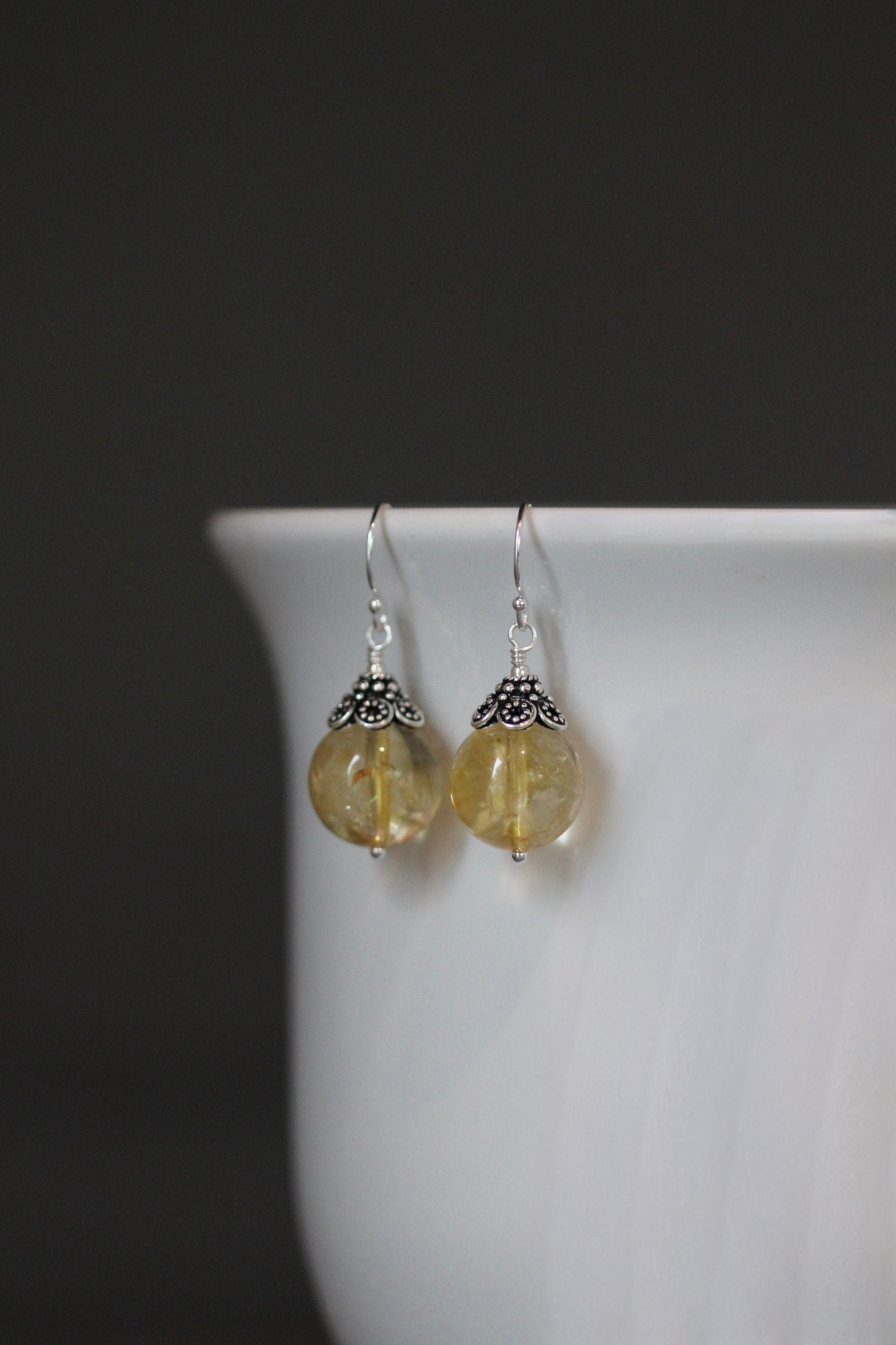 Natural Citrine Round Stone Earrings with Bali Sterling Silver Caps