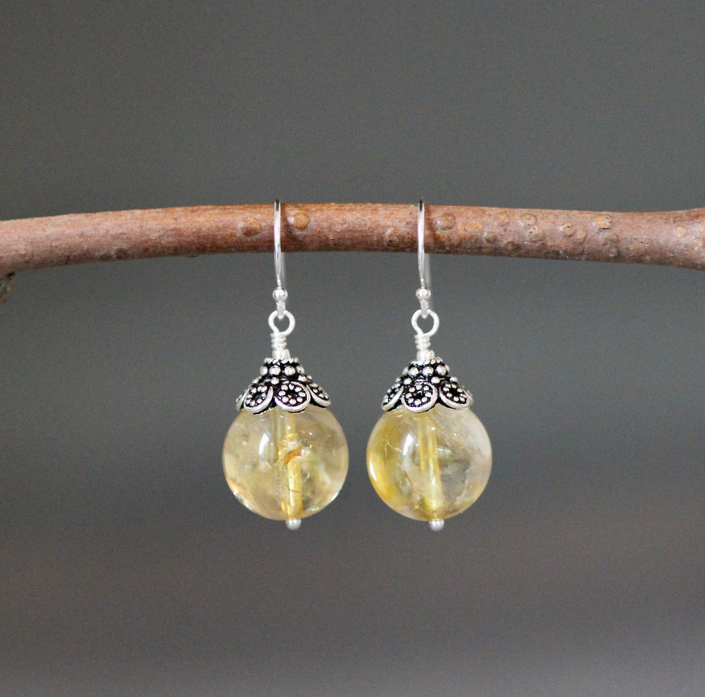 Natural Citrine Round Stone Earrings with Bali Sterling Silver Caps