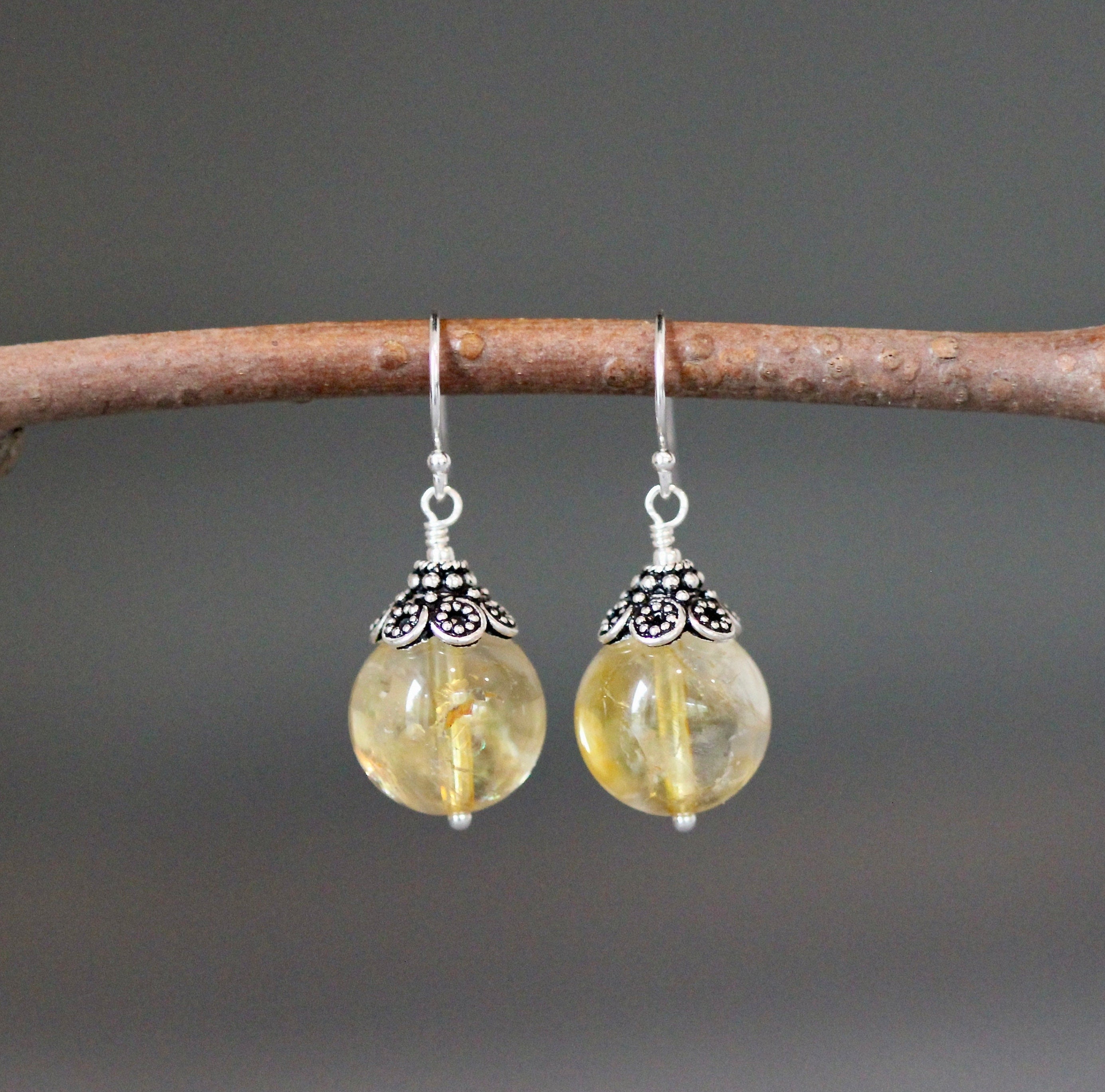 Natural Citrine Round Stone Earrings with Bali Sterling Silver Caps