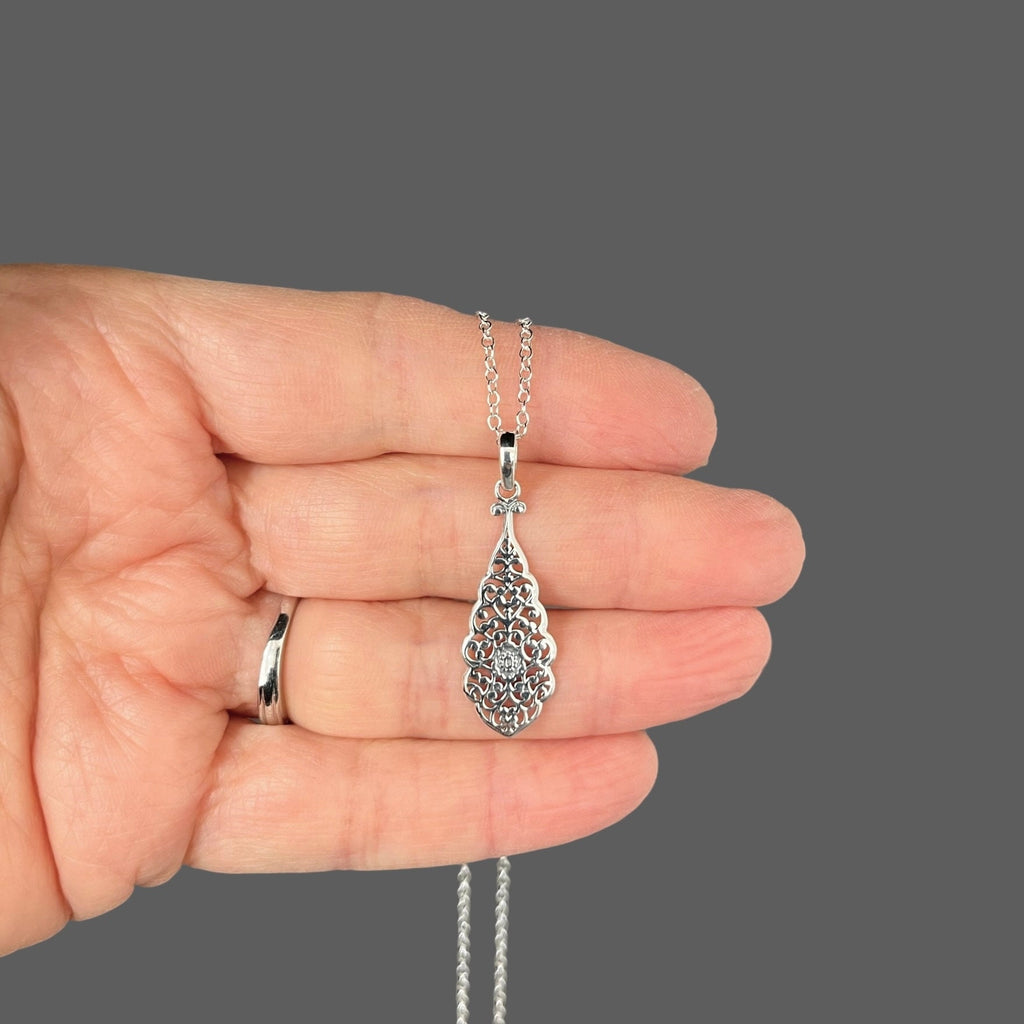 Bali Sterling Silver Filigree Teardrop Pendant Necklace