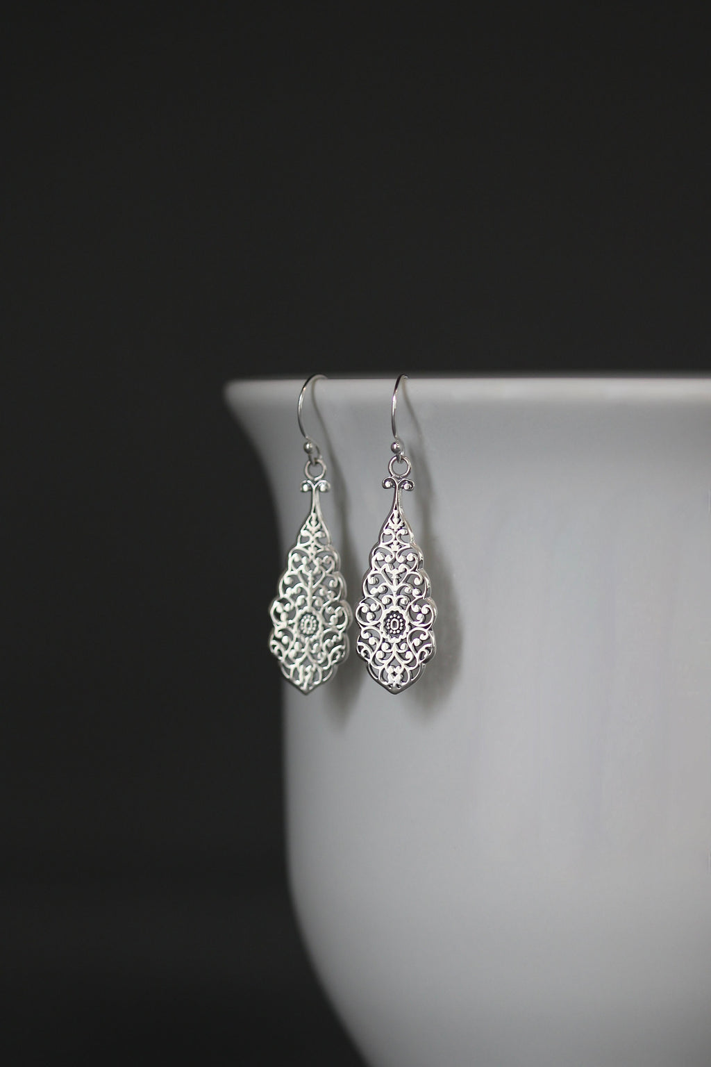 Bali Sterling Silver Long Filigree Teardrop Dangle Earrings