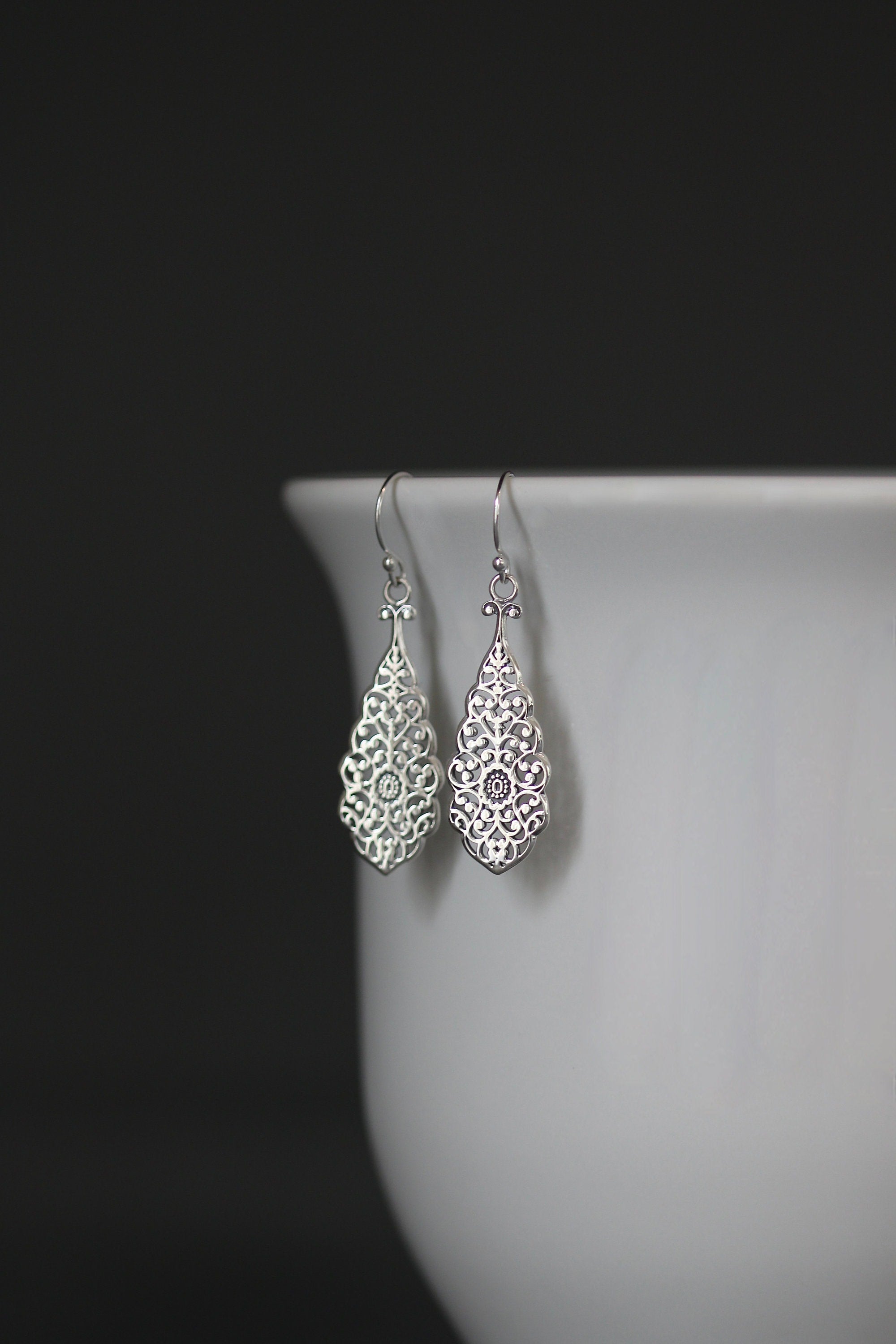 Bali Sterling Silver Long Filigree Teardrop Dangle Earrings