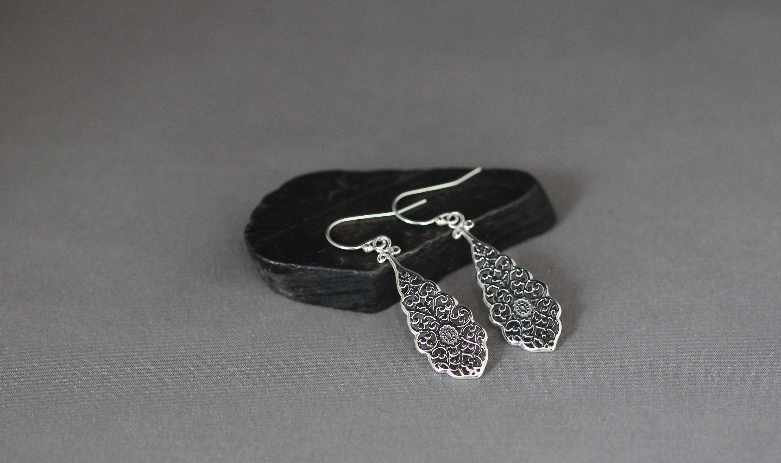 Bali Sterling Silver Long Filigree Teardrop Dangle Earrings