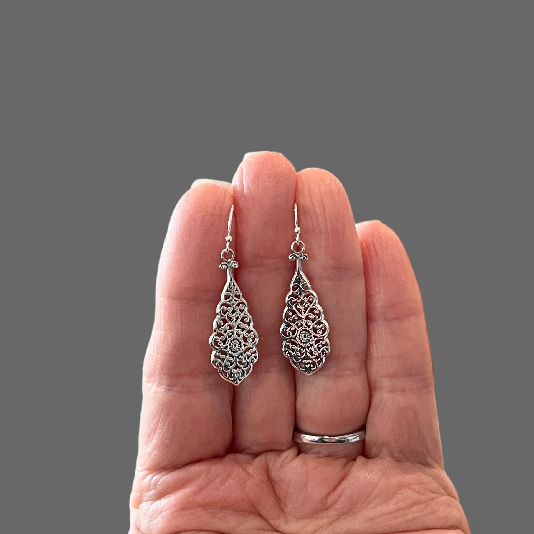 Bali Sterling Silver Long Filigree Teardrop Dangle Earrings