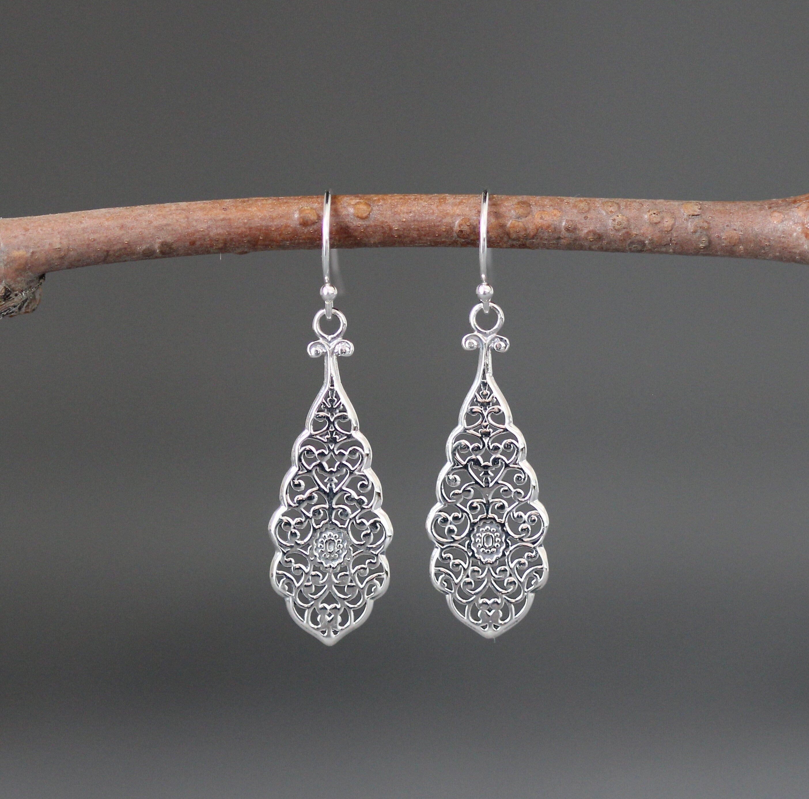 Bali Sterling Silver Long Filigree Teardrop Dangle Earrings