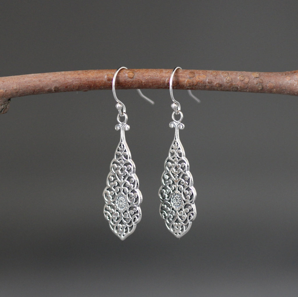 Bali Sterling Silver Long Filigree Teardrop Dangle Earrings