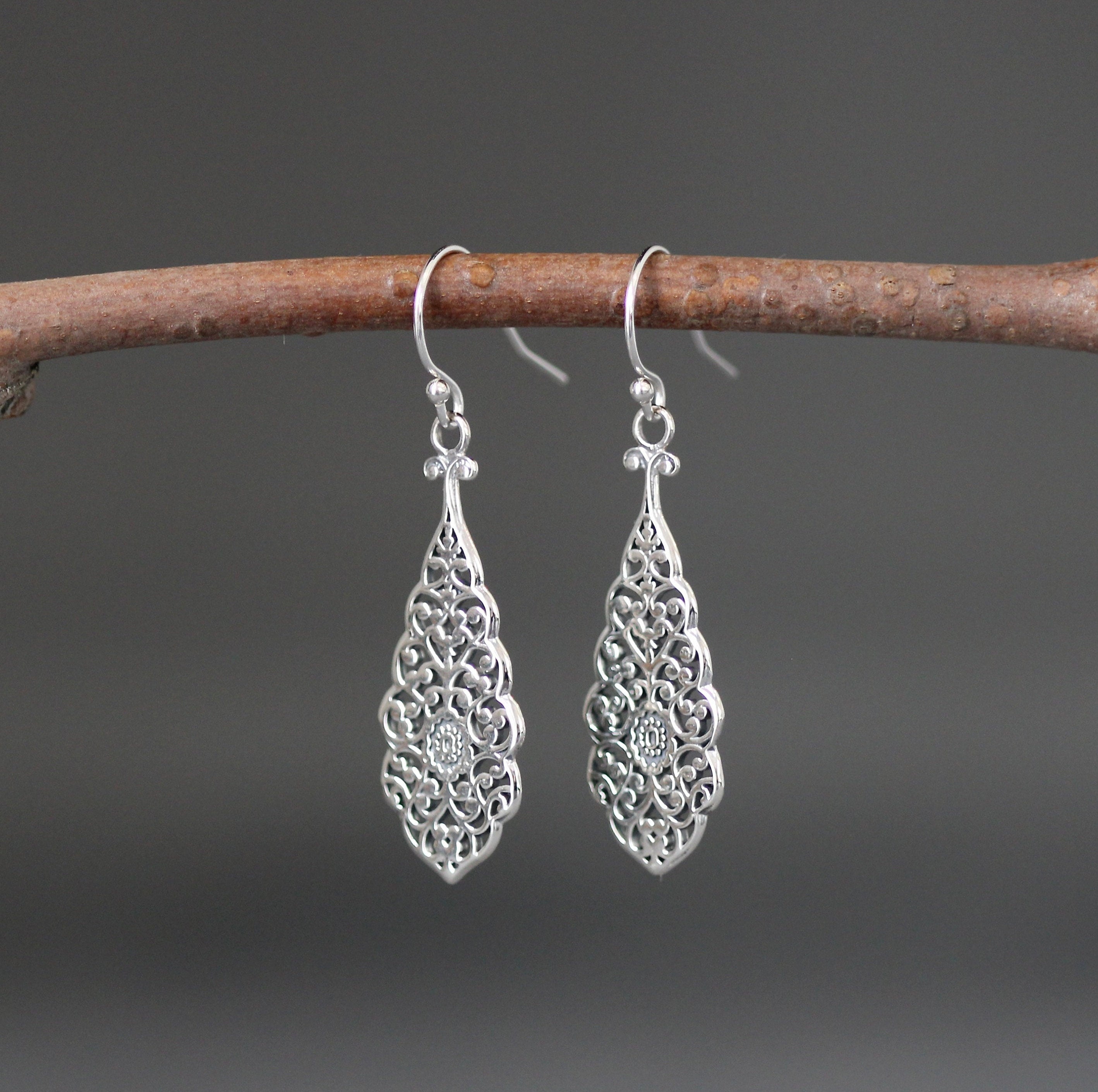 Bali Sterling Silver Long Filigree Teardrop Dangle Earrings