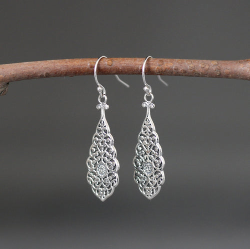 Bali Sterling Silver Long Filigree Teardrop Dangle Earrings