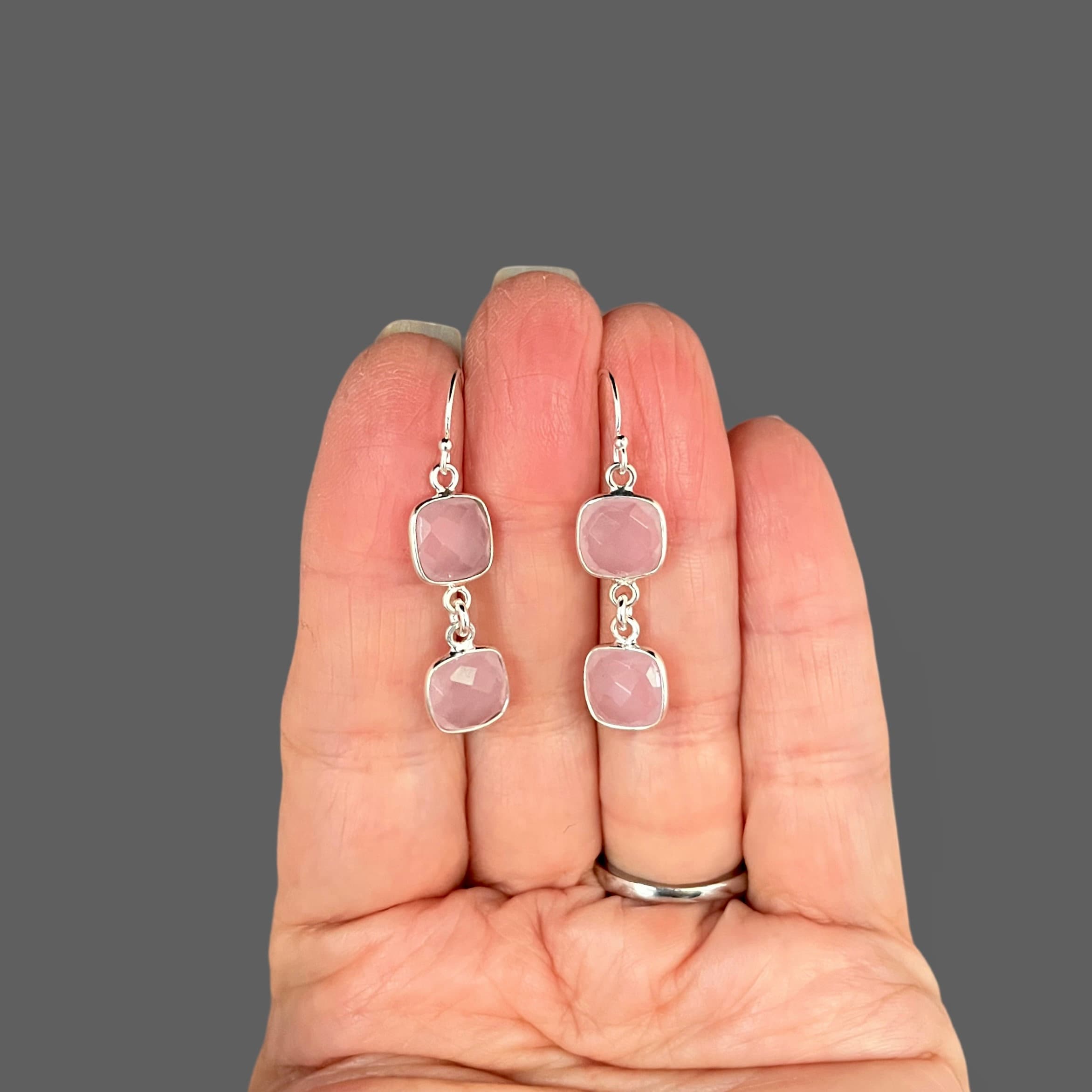 Rose Quartz Linked Square Bezel Dangle Earrings in Sterling Silver