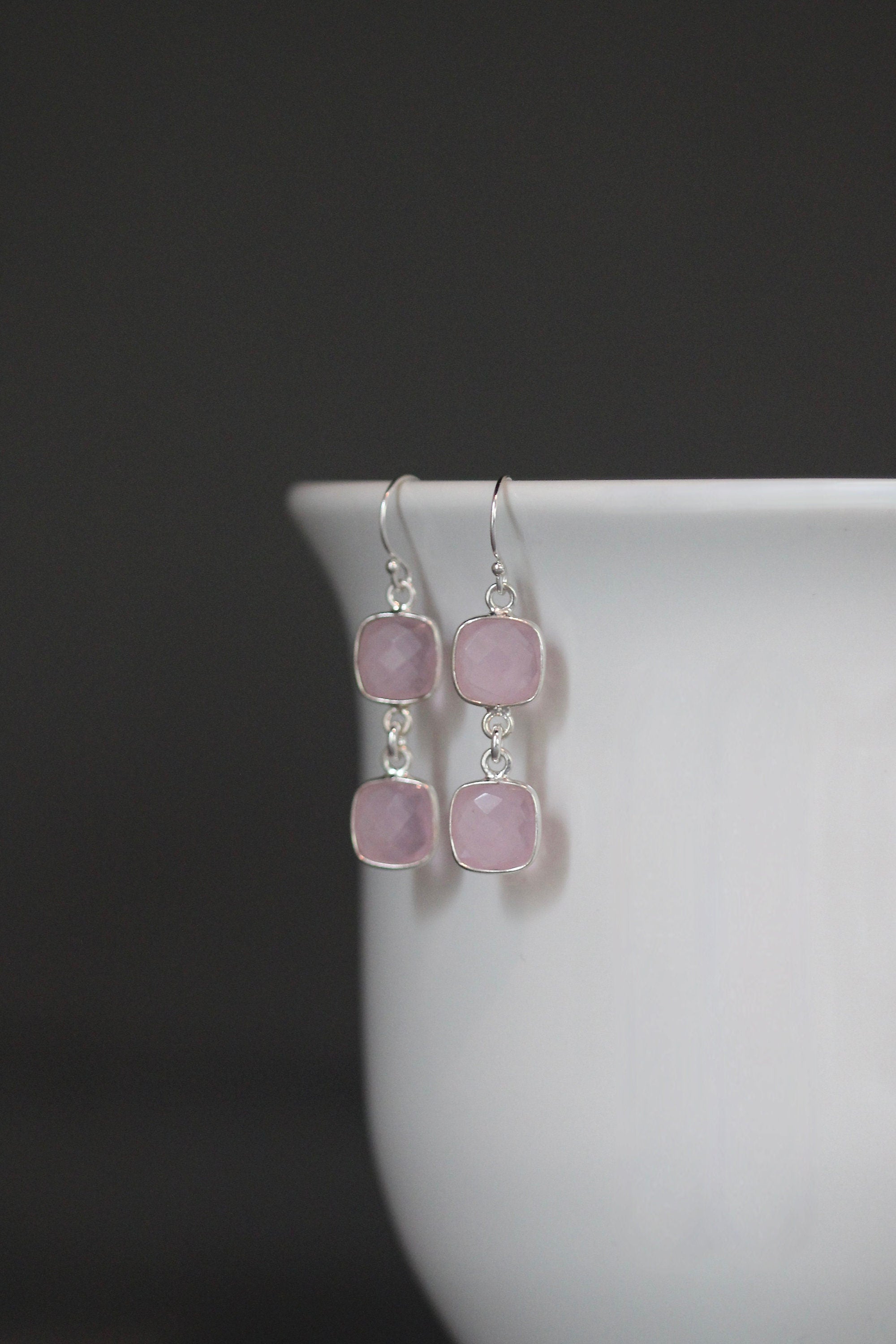Rose Quartz Linked Square Bezel Dangle Earrings in Sterling Silver