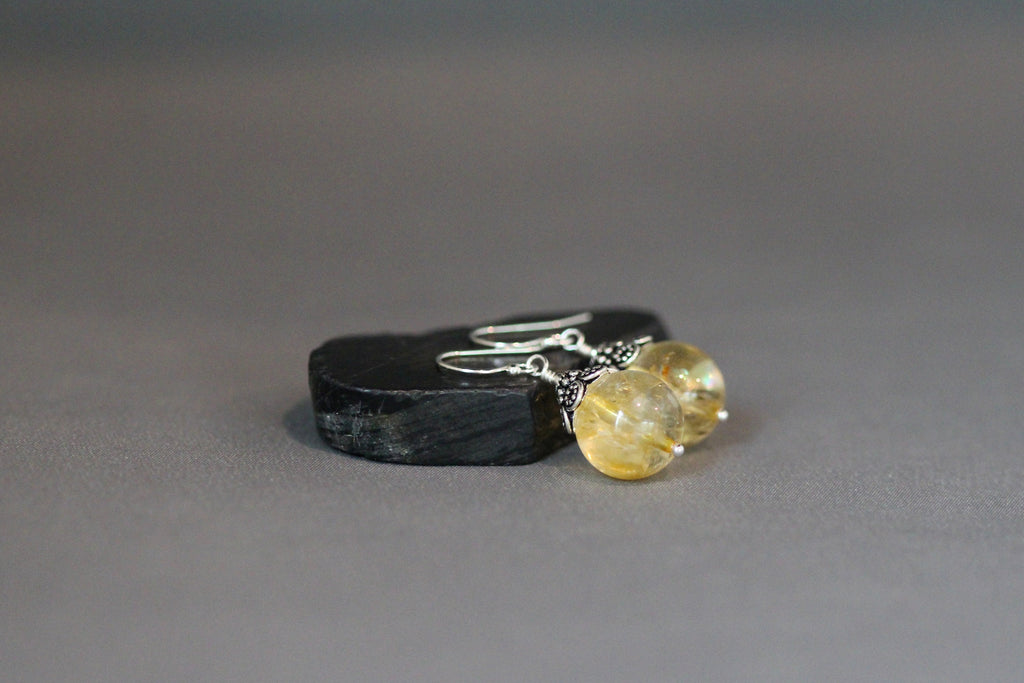 Natural Citrine Round Stone Earrings with Bali Sterling Silver Caps
