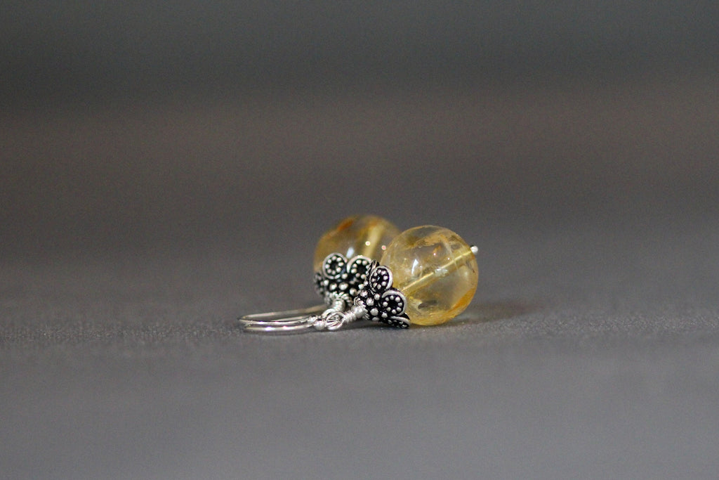 Natural Citrine Round Stone Earrings with Bali Sterling Silver Caps