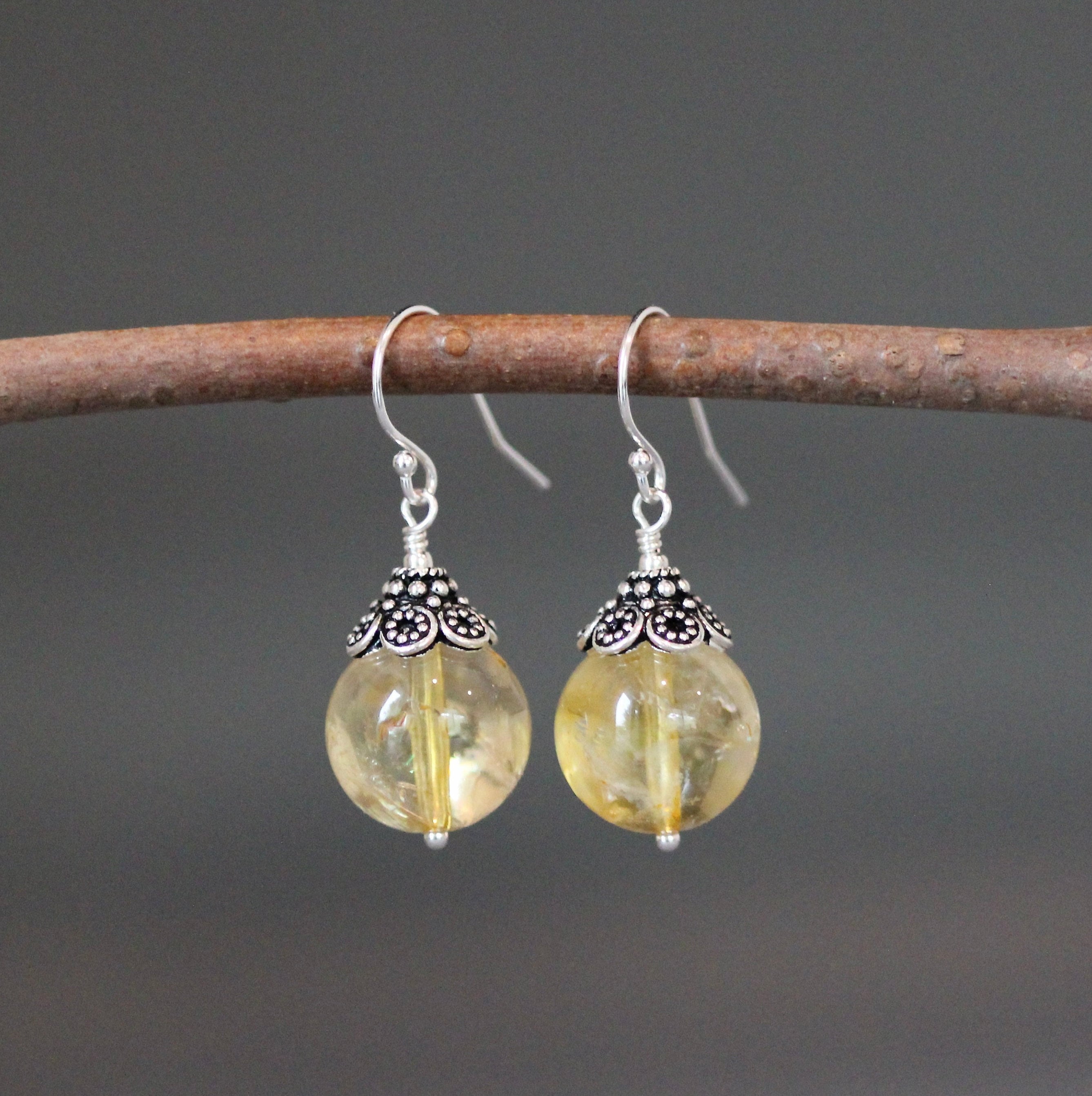 Natural Citrine Round Stone Earrings with Bali Sterling Silver Caps
