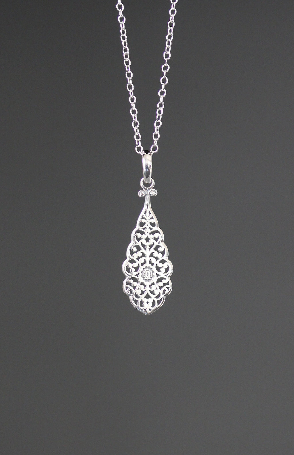 Bali Sterling Silver Filigree Teardrop Pendant Necklace