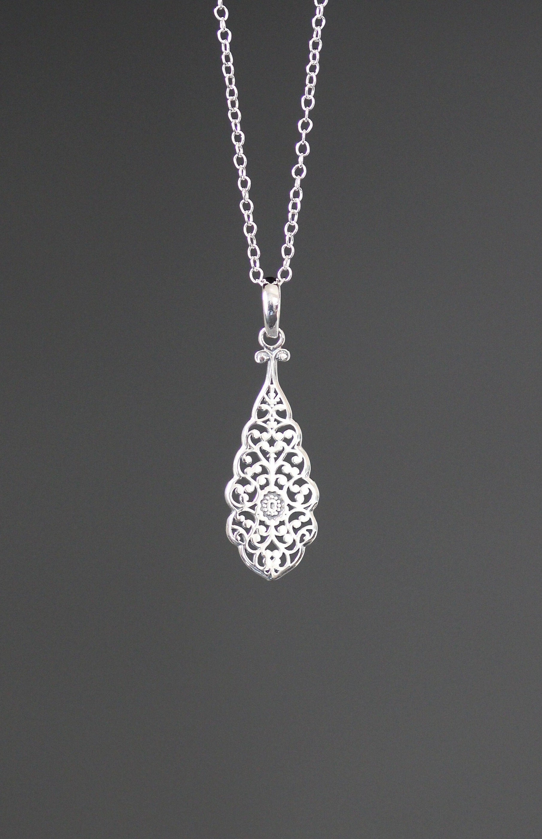 Bali Sterling Silver Filigree Teardrop Pendant Necklace
