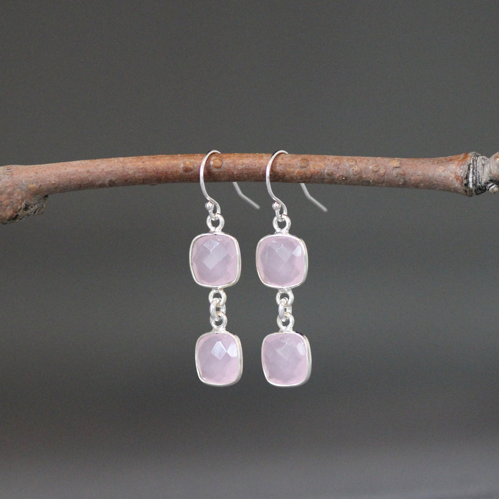 Rose Quartz Linked Square Bezel Dangle Earrings in Sterling Silver