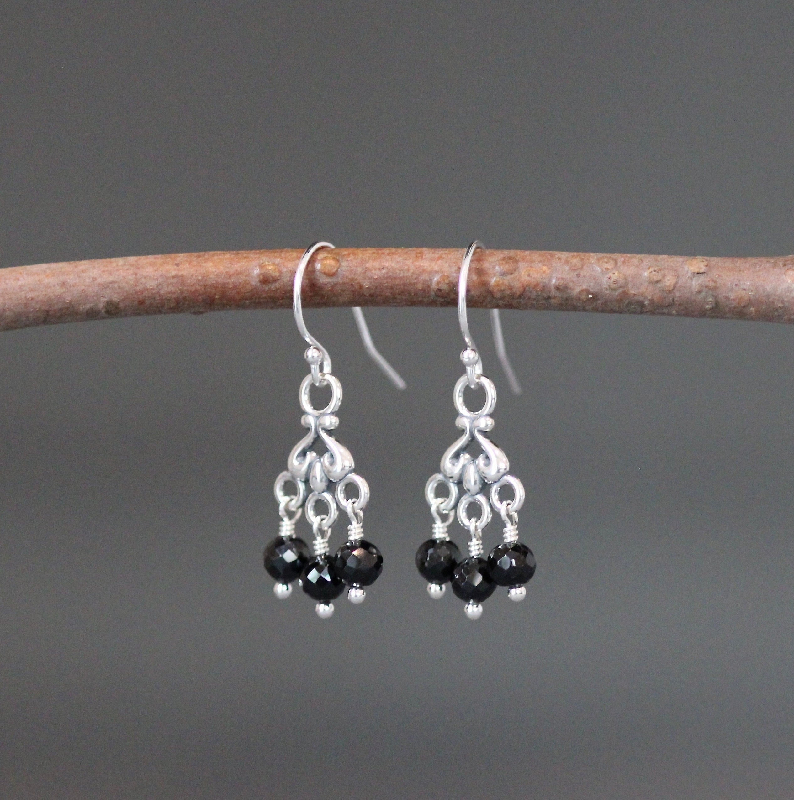 Black Spinel Chandelier Earrings in Sterling Silver