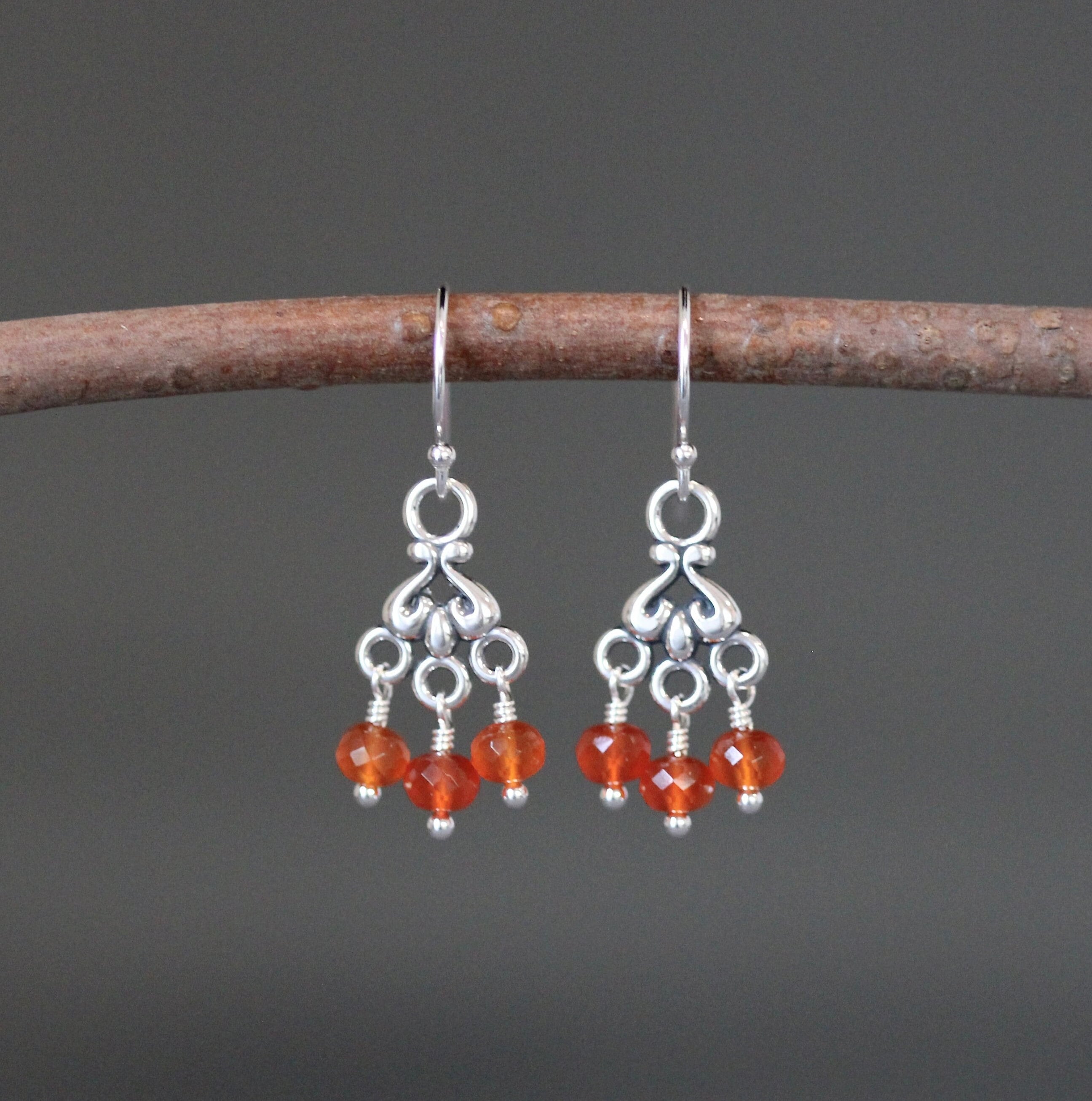 Carnelian and Bali Sterling Silver Chandelier Dangle Earrings
