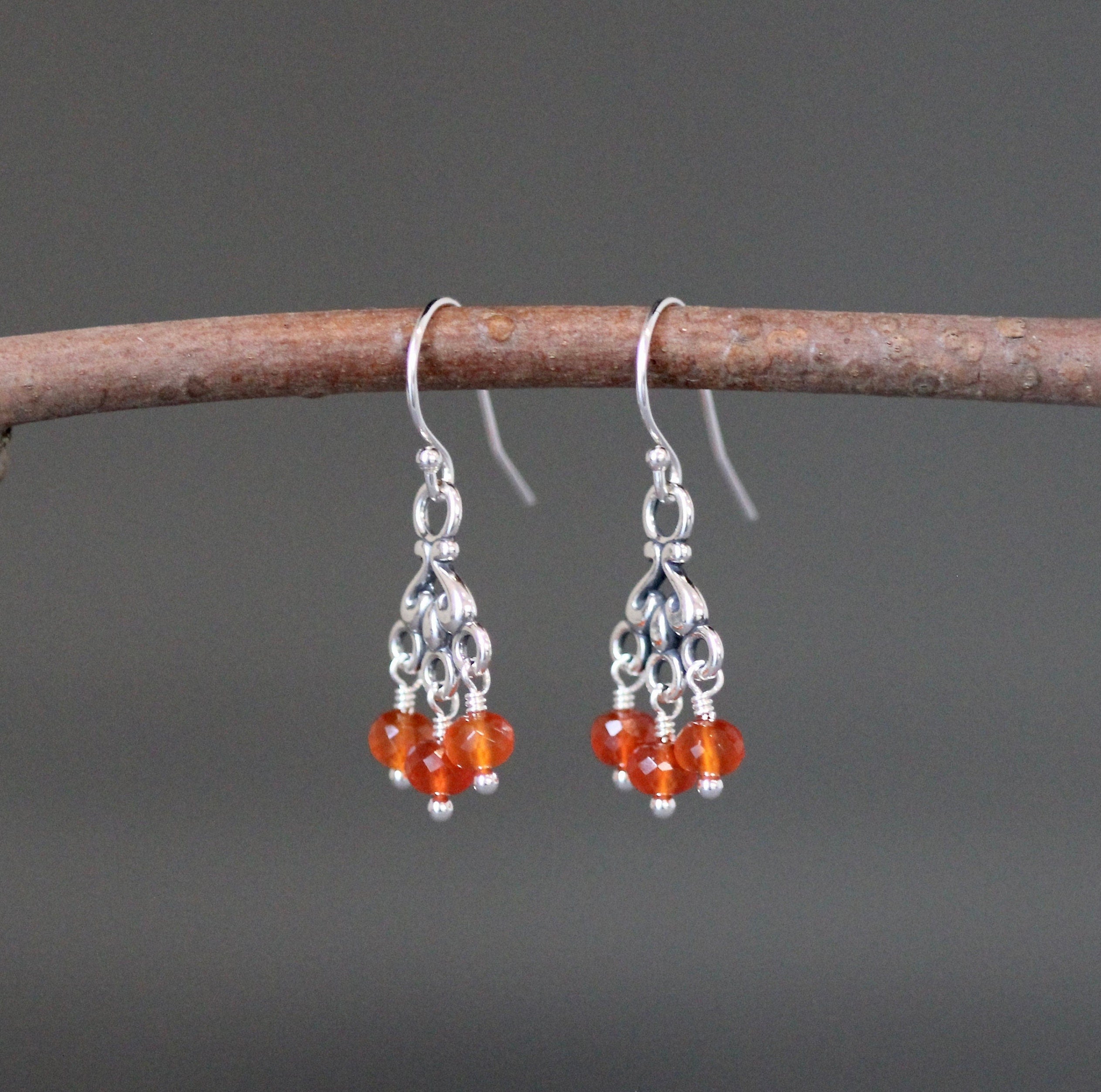 Carnelian and Bali Sterling Silver Chandelier Dangle Earrings