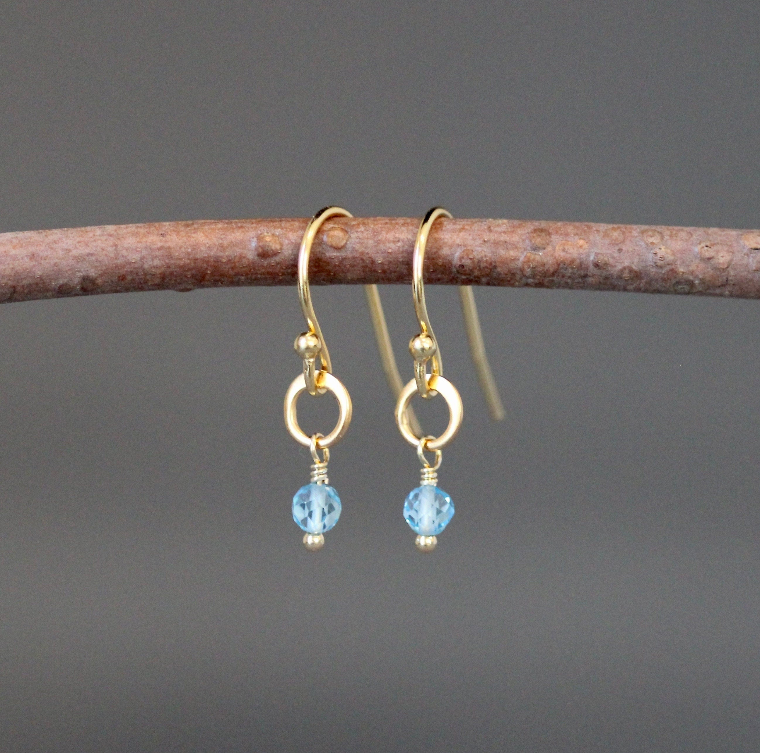 Blue Topaz Earrings on Matte Gold Vermeil Circle Links