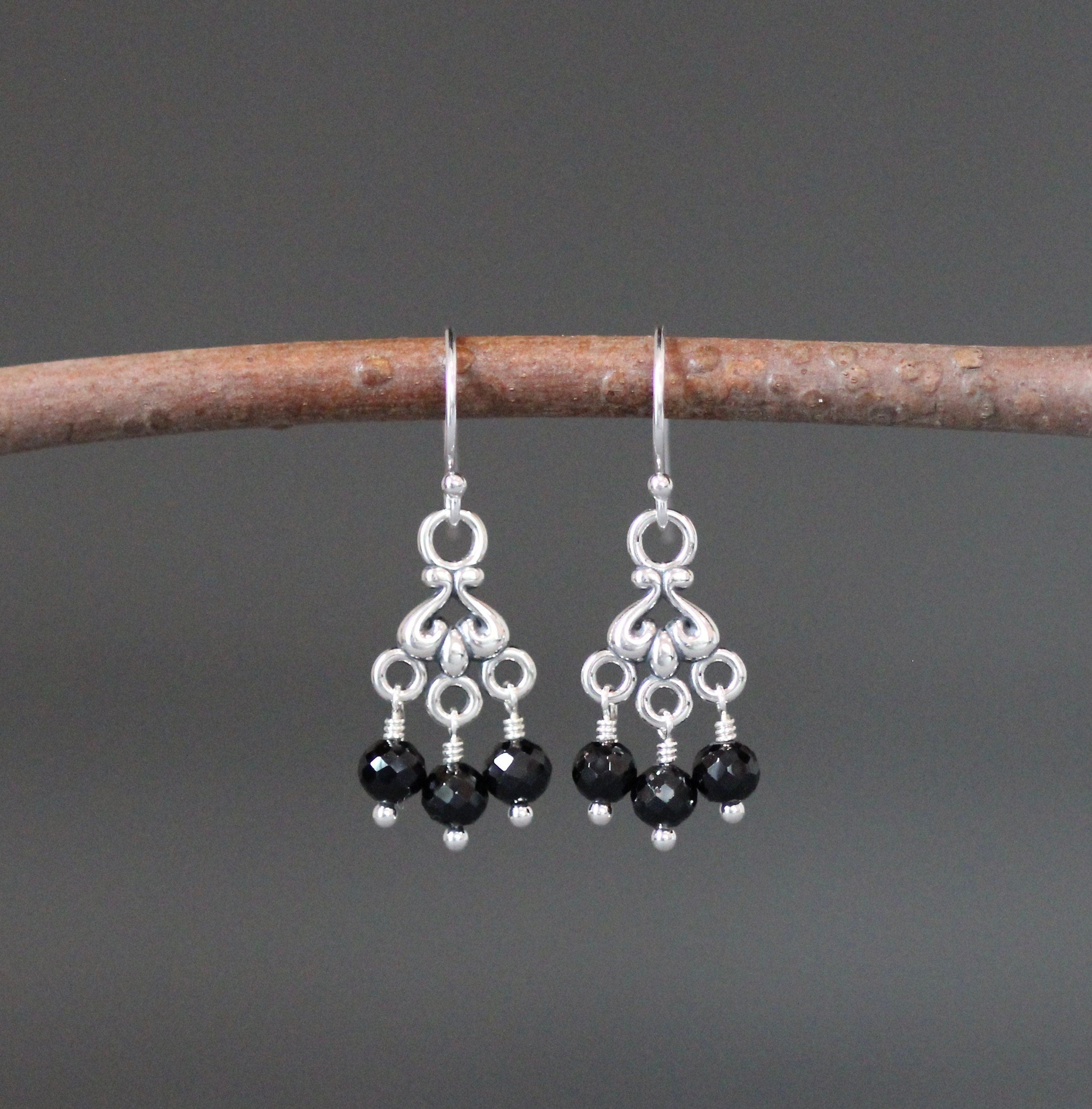 Black Spinel Chandelier Earrings in Sterling Silver