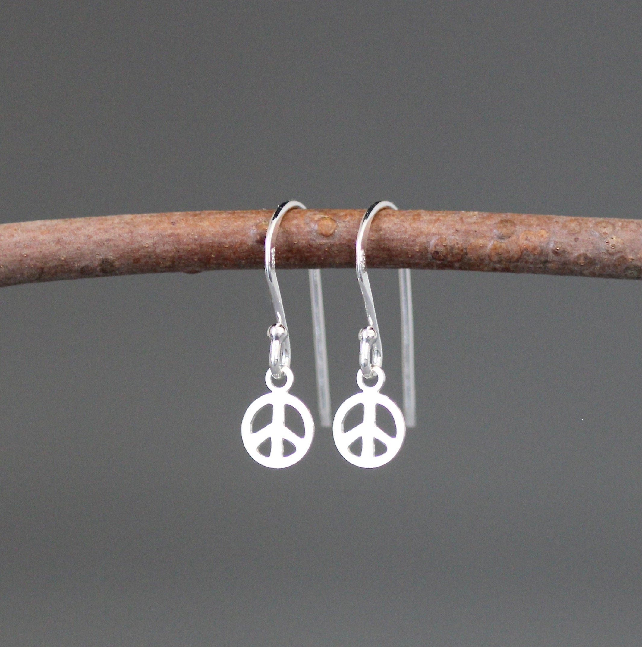 Sterling Silver Peace Sign Charm Dangle Earrings