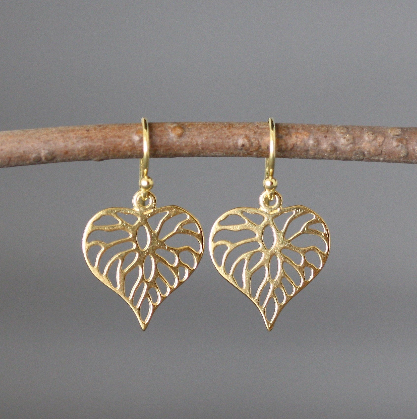 Gold Vermeil Filigree Heart Charm Earrings