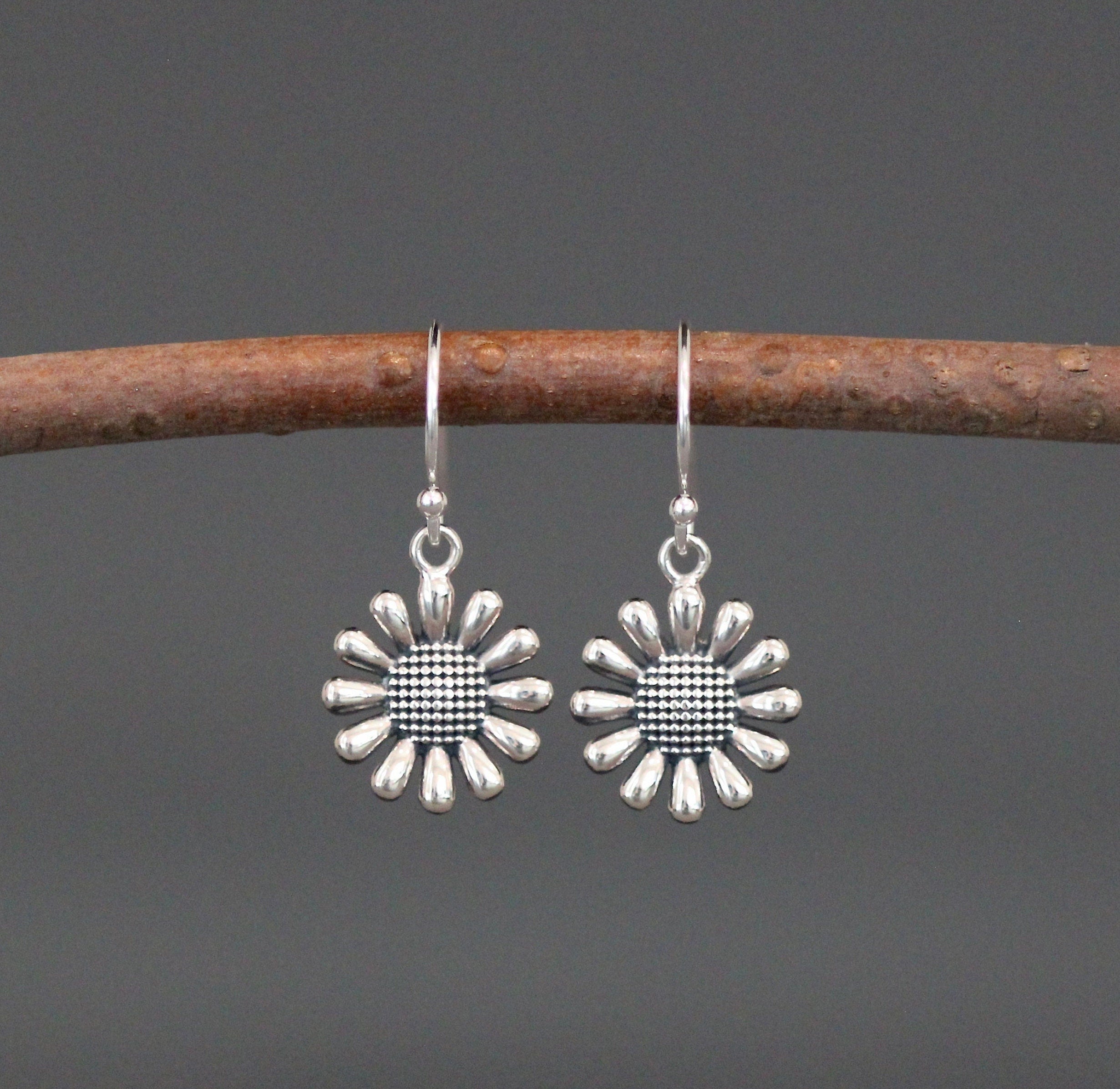 Bali Sterling Silver Sunflower Charm Dangle Earrings
