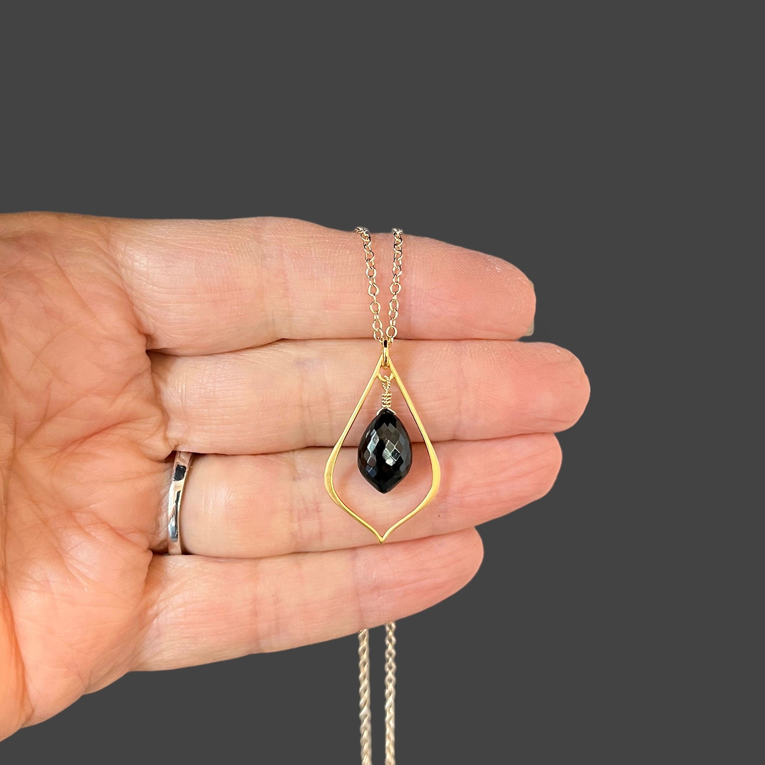 Black Spinel Marquise Pendant Necklace with a Matte Gold Vermeil Frame